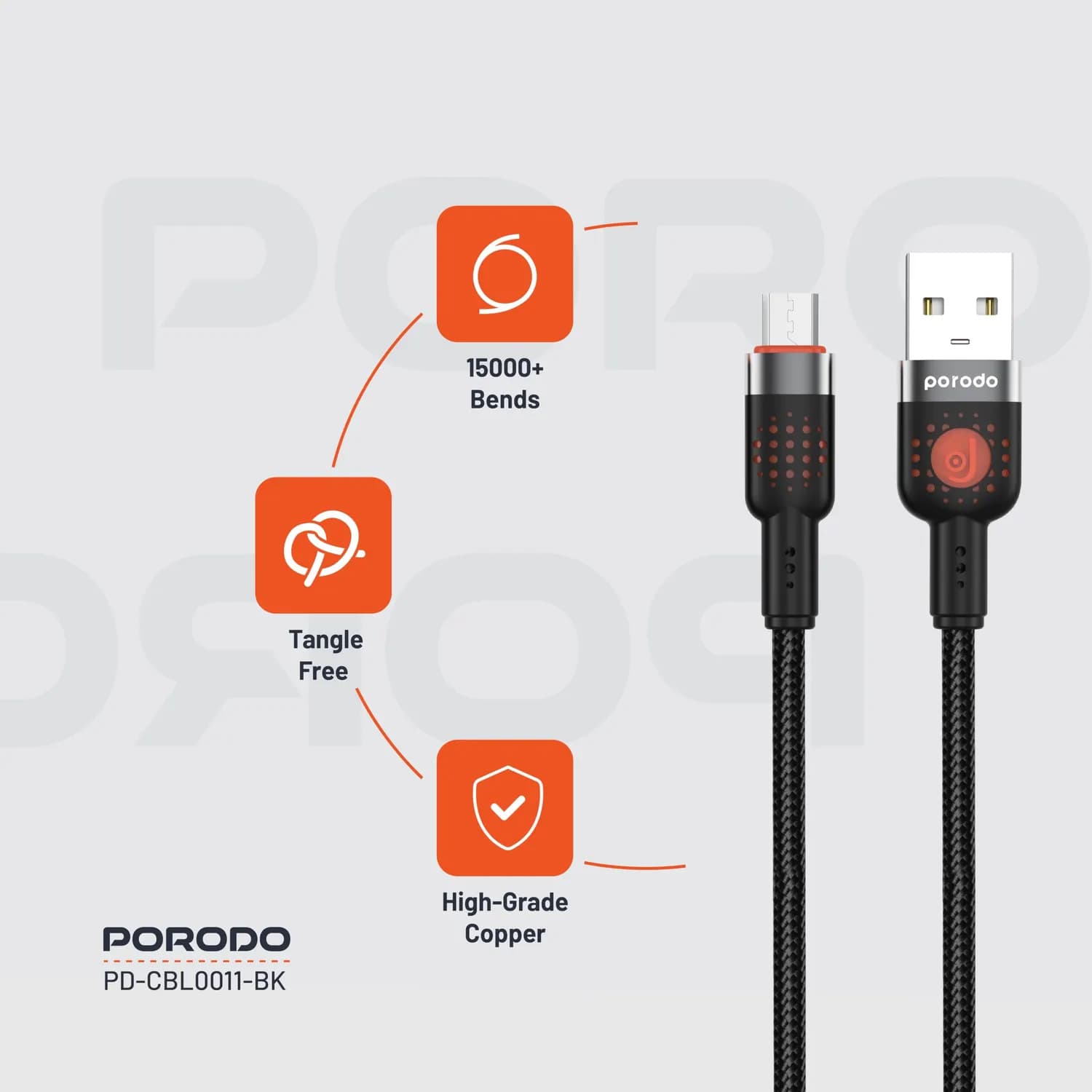 Porodo Braided USB-A to Micro USB Cable - 1.2m, Black 2