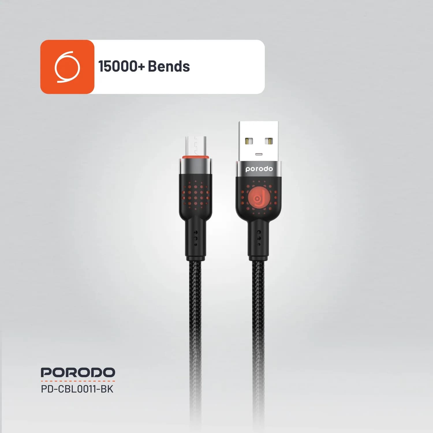 Porodo Braided USB-A to Micro USB Cable - 1.2m, Black 3