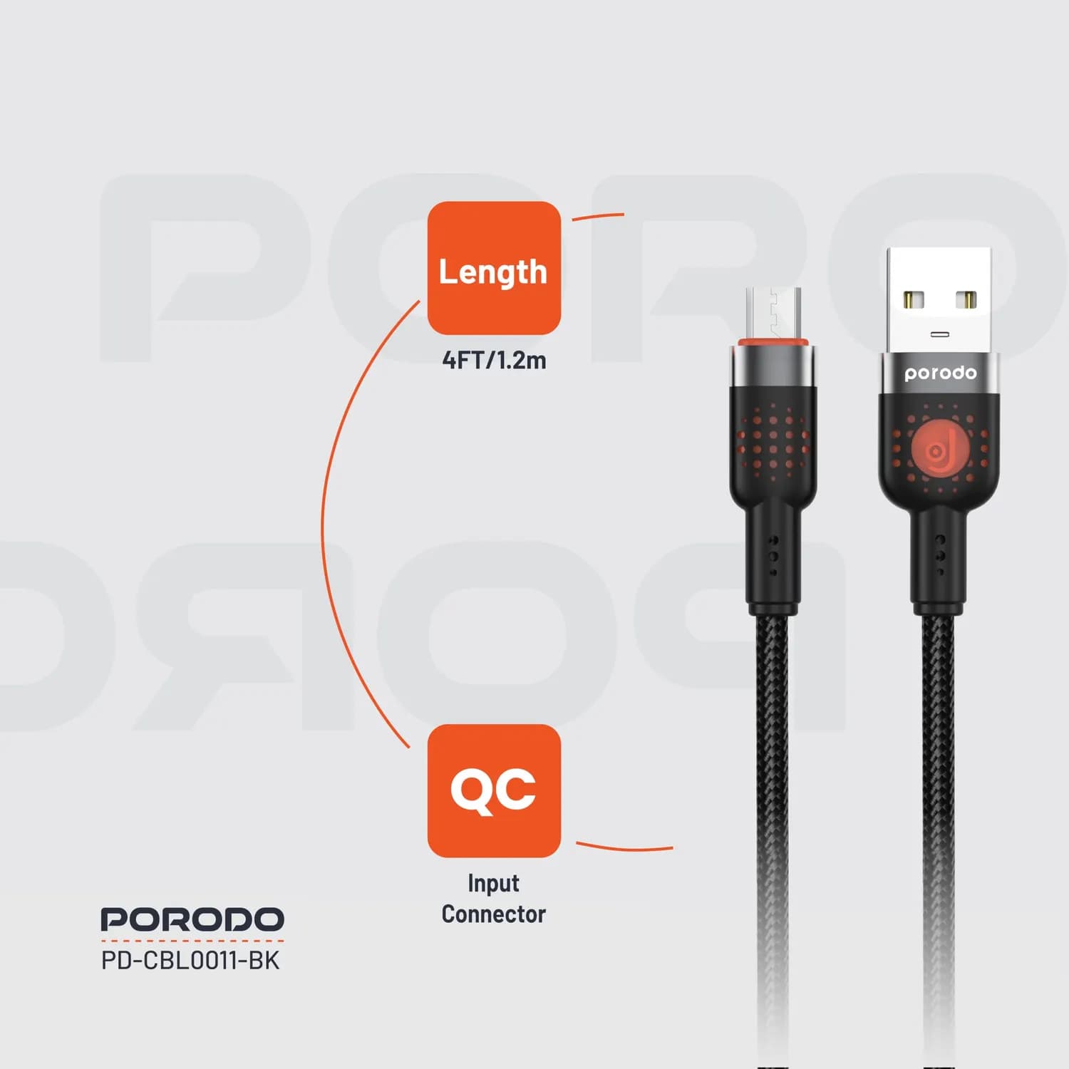Porodo Braided USB-A to Micro USB Cable - 1.2m, Black 4