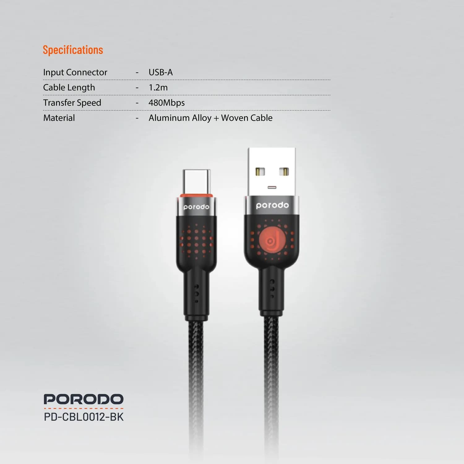 Porodo Braided USB-A to Type-C Cable - 1.2M, Black 4