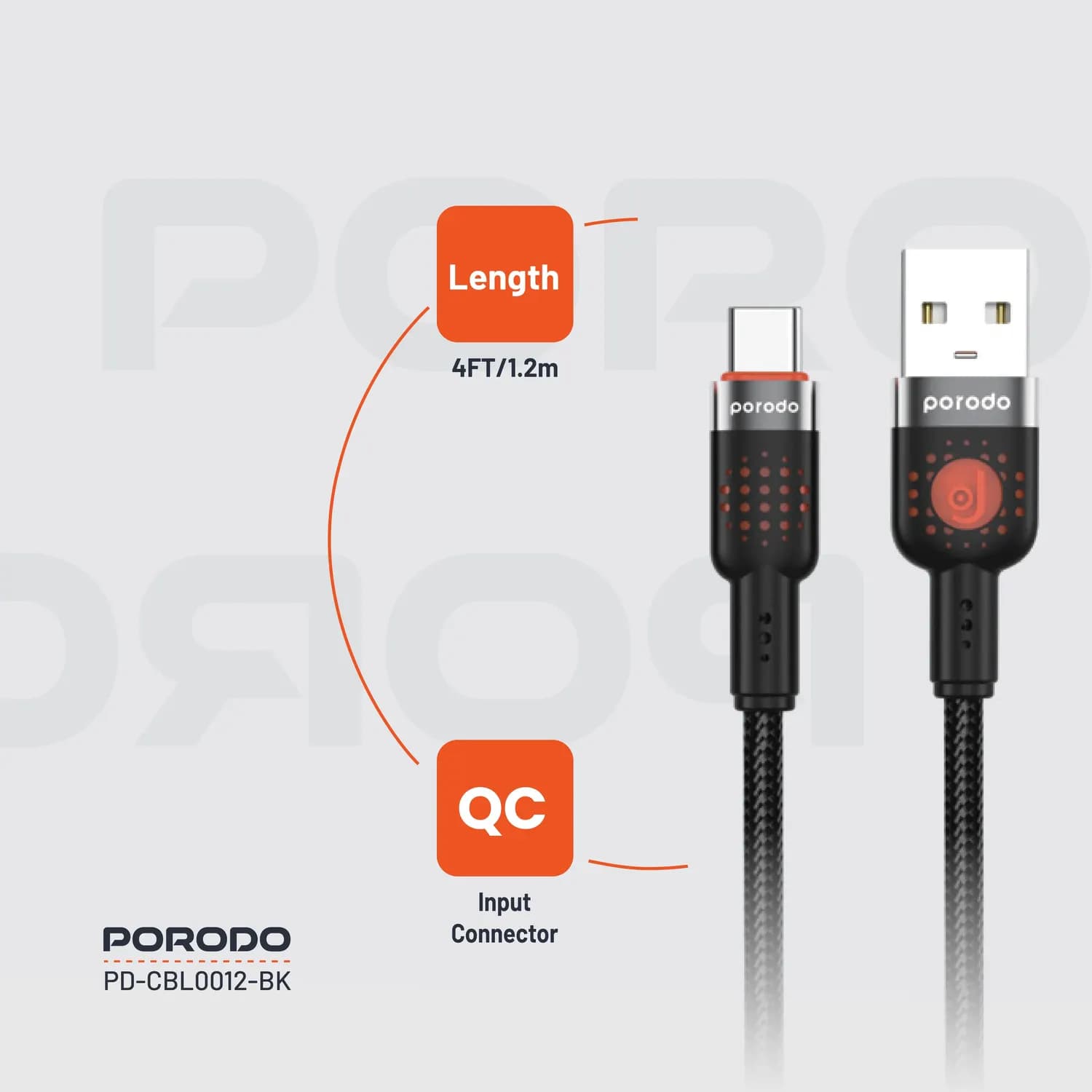 Porodo Braided USB-A to Type-C Cable - 1.2M, Black 5