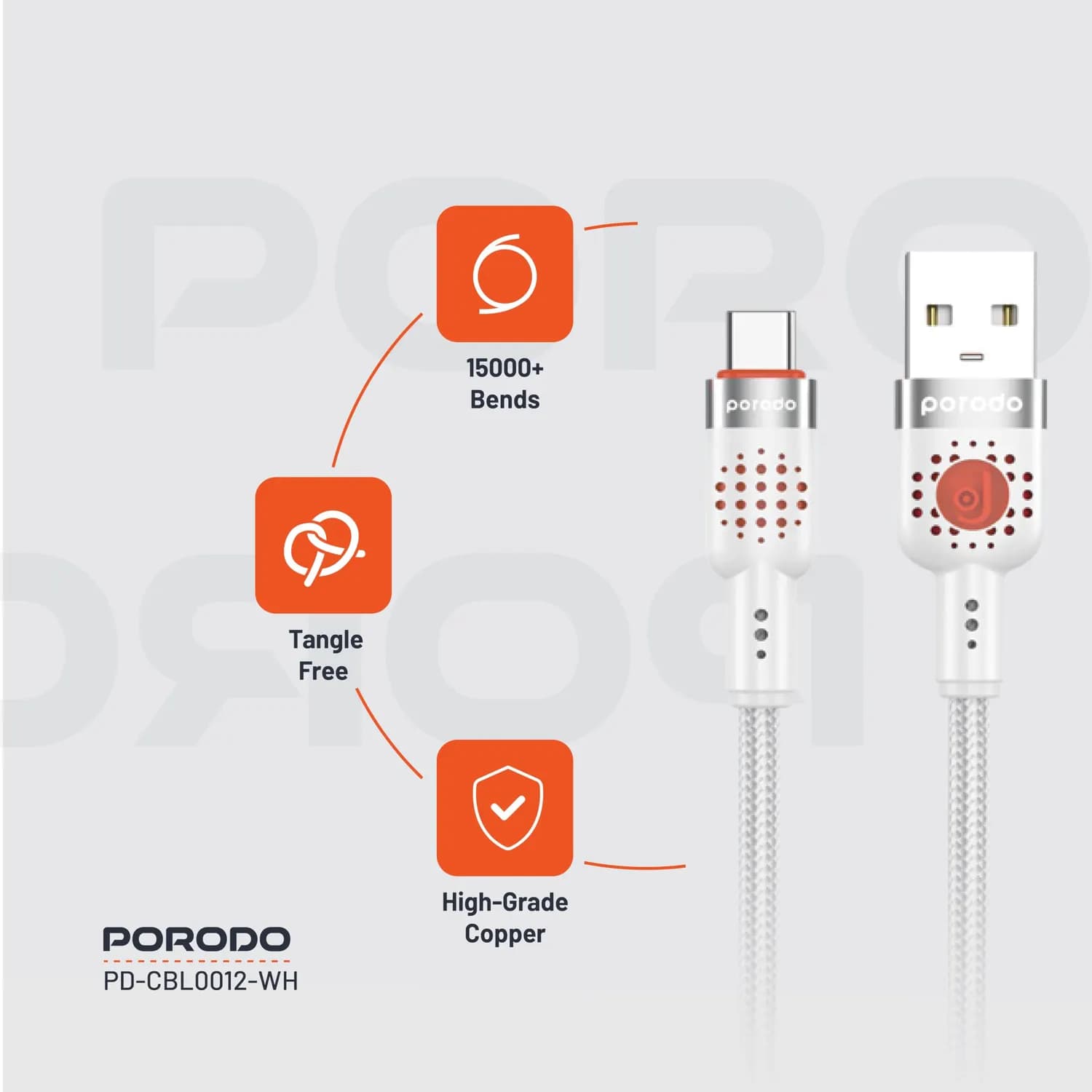 Porodo USB-A to USB-C Braided Cable - 1.2m, Fast Charging, White 2