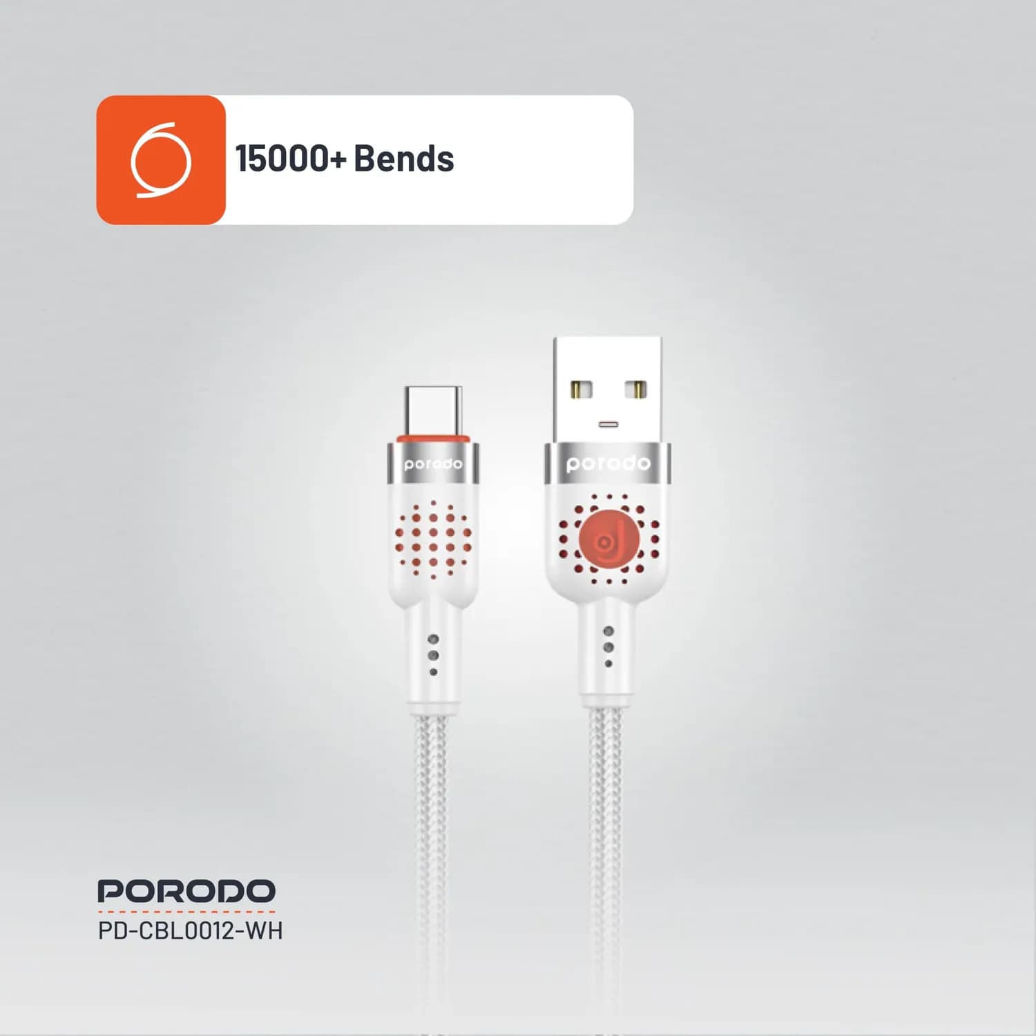 Porodo USB-A to USB-C Braided Cable - 1.2m, Fast Charging, White 3