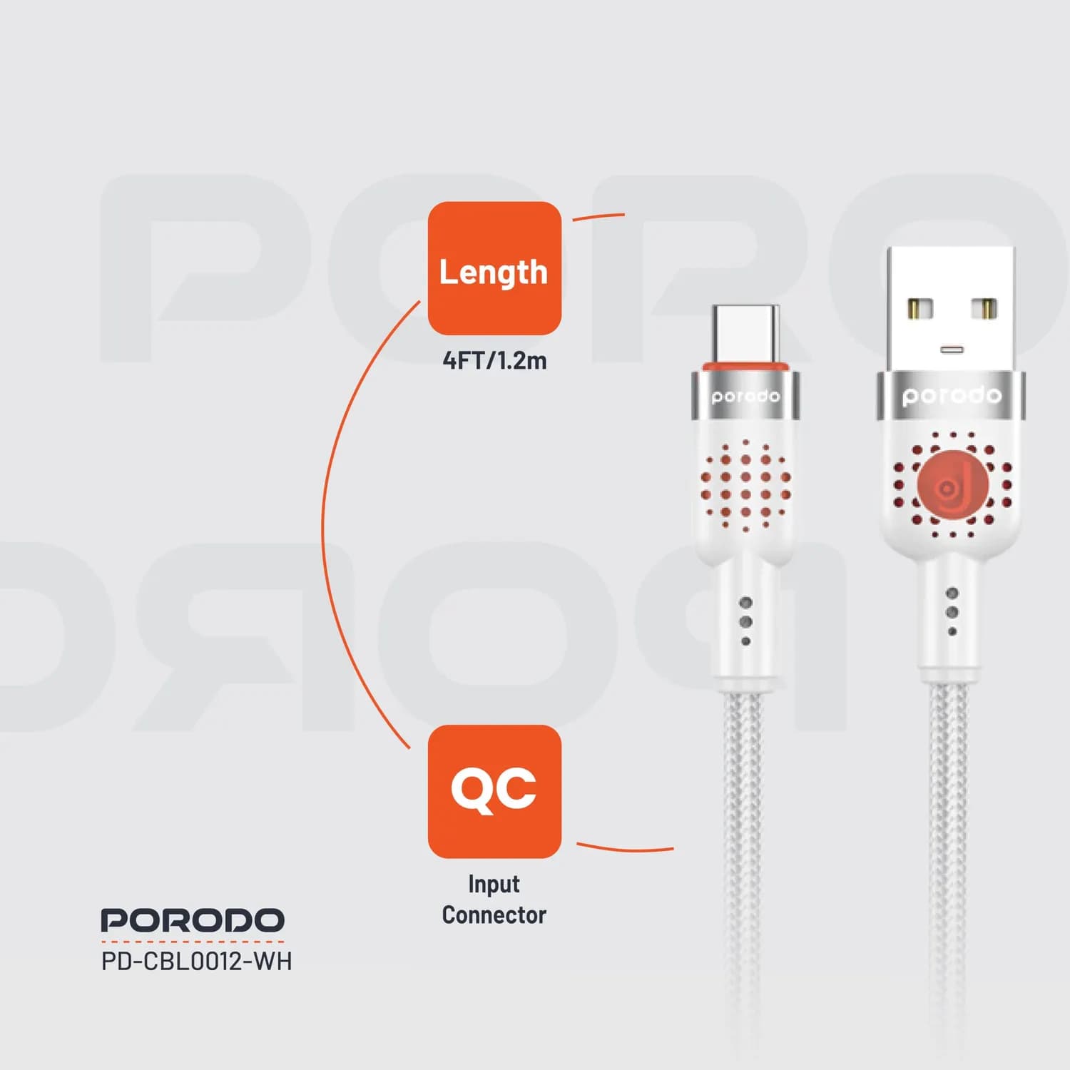 Porodo USB-A to USB-C Braided Cable - 1.2m, Fast Charging, White 4