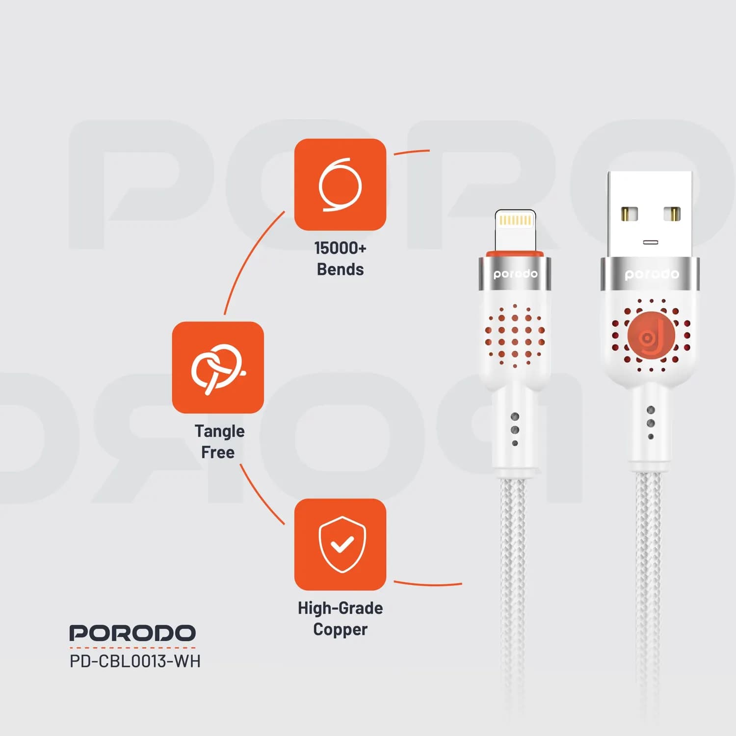 Porodo Braided USB-A to Lightning Cable - Fast Charging, White — White 2