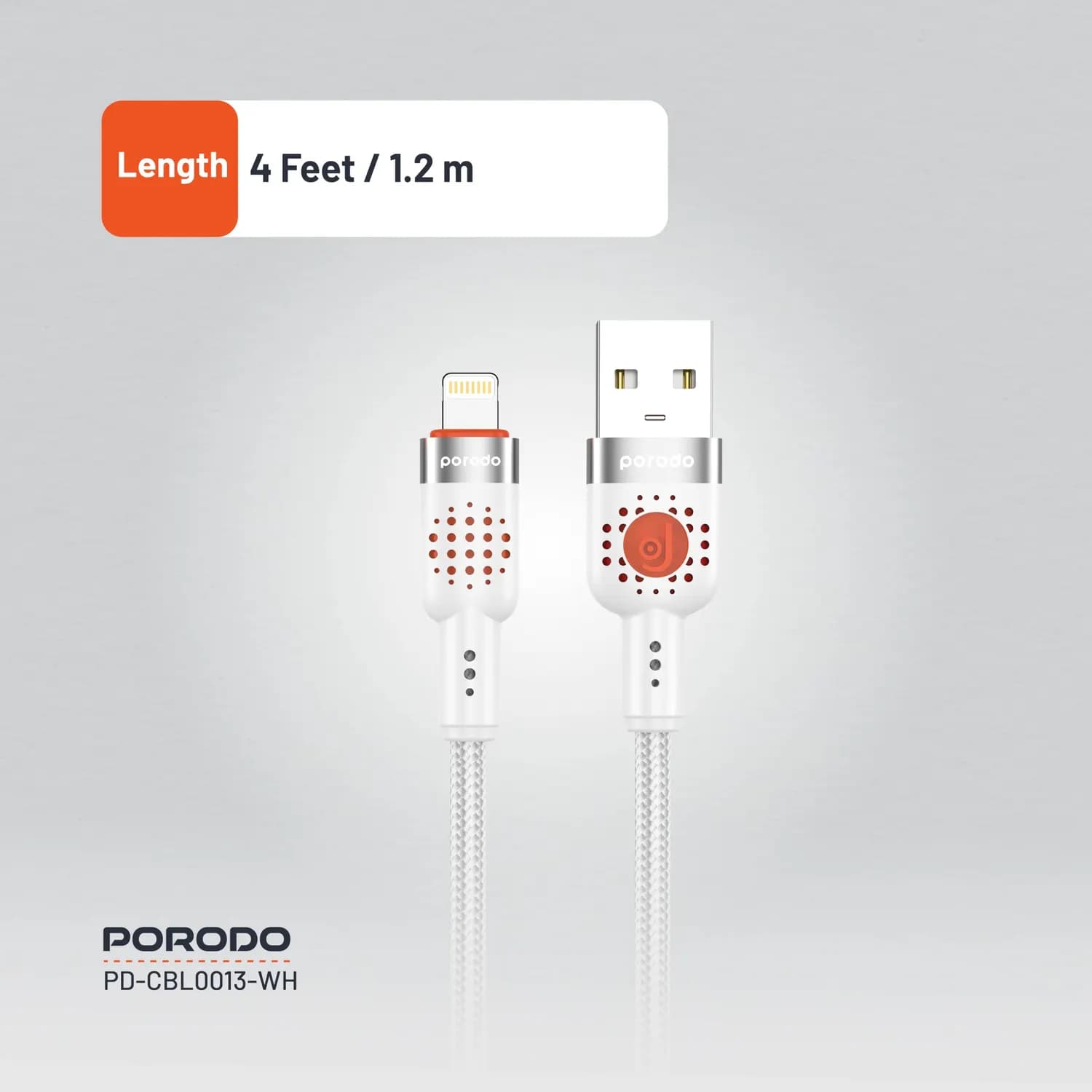 Porodo Braided USB-A to Lightning Cable - Fast Charging, White — White 3