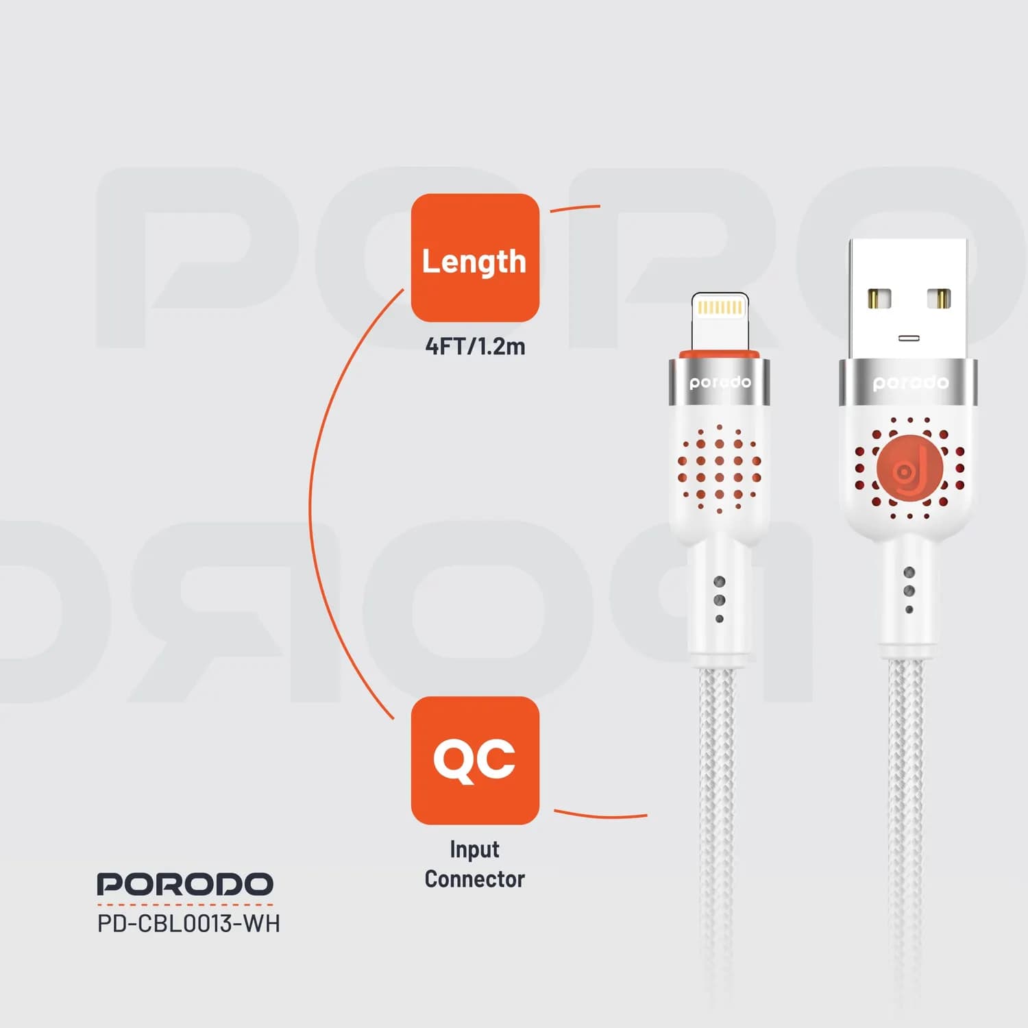 Porodo Braided USB-A to Lightning Cable - Fast Charging, White — White 4