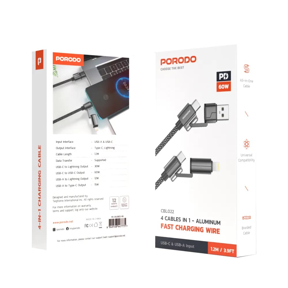 Porodo 4 Cables in 1 Aluminum Fast Charger Wire - Black 1