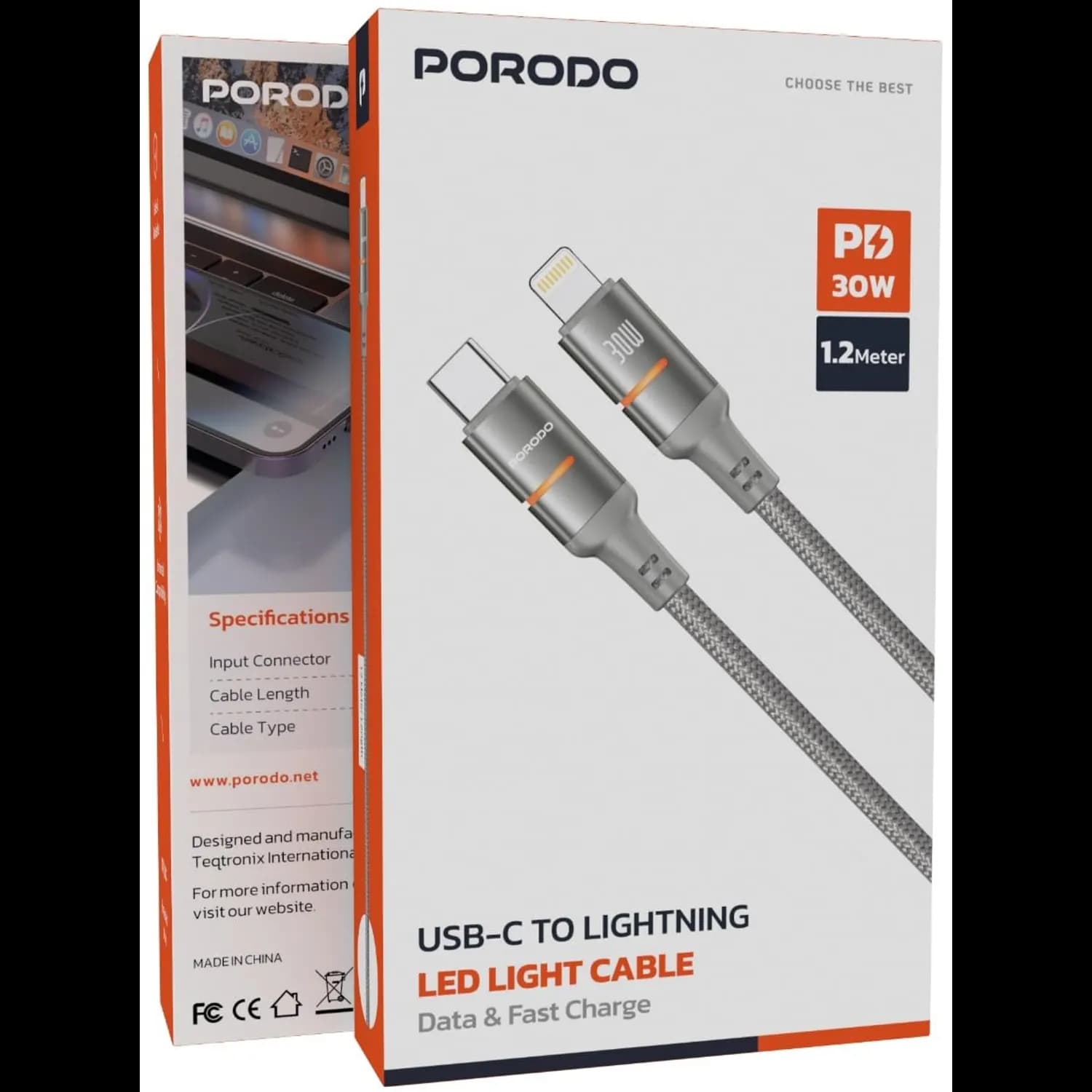 Porodo USB-C to Lightning Cable - 30W PD, 1.2m Braided, Gray 2