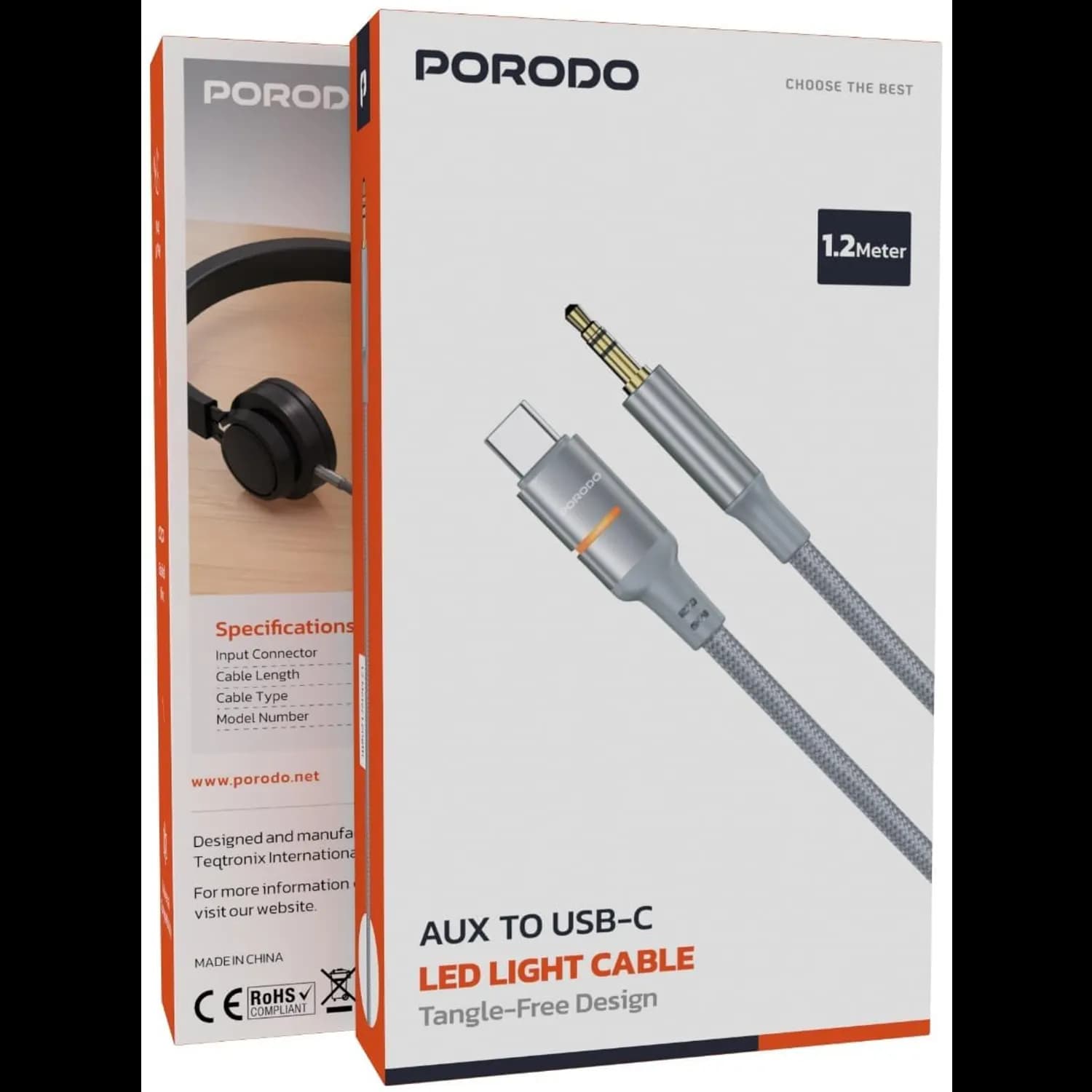 Porodo AUX to USB-C Cable - LED Light, Braided Grey 2