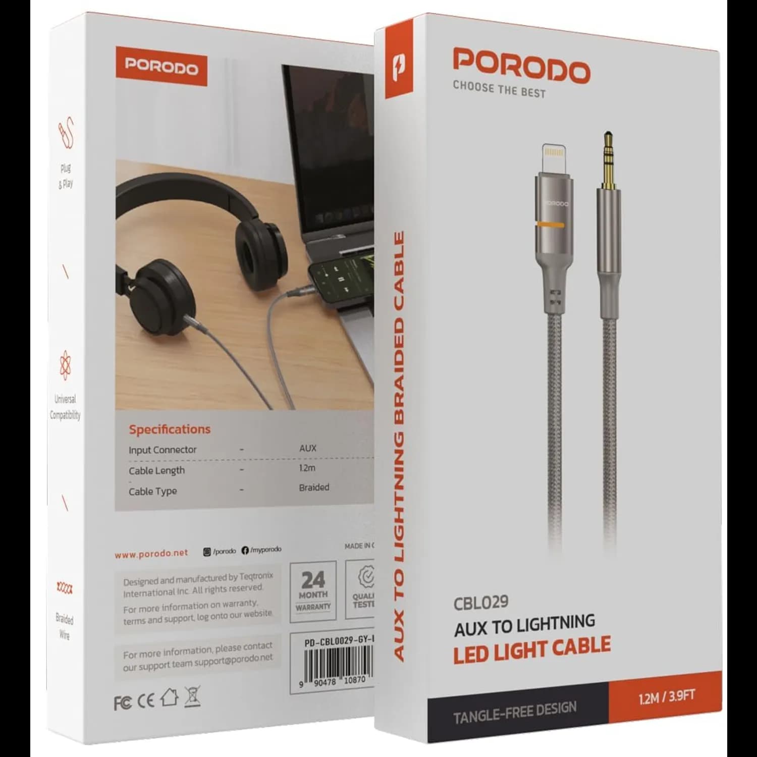 Porodo AUX to Lightning Cable - LED Light, 1.2m, Gray 2