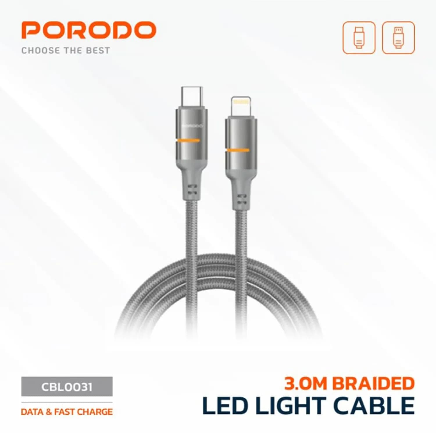 Porodo USB-C to Lightning Cable - 30W Fast Charging, 3m, Gray 2