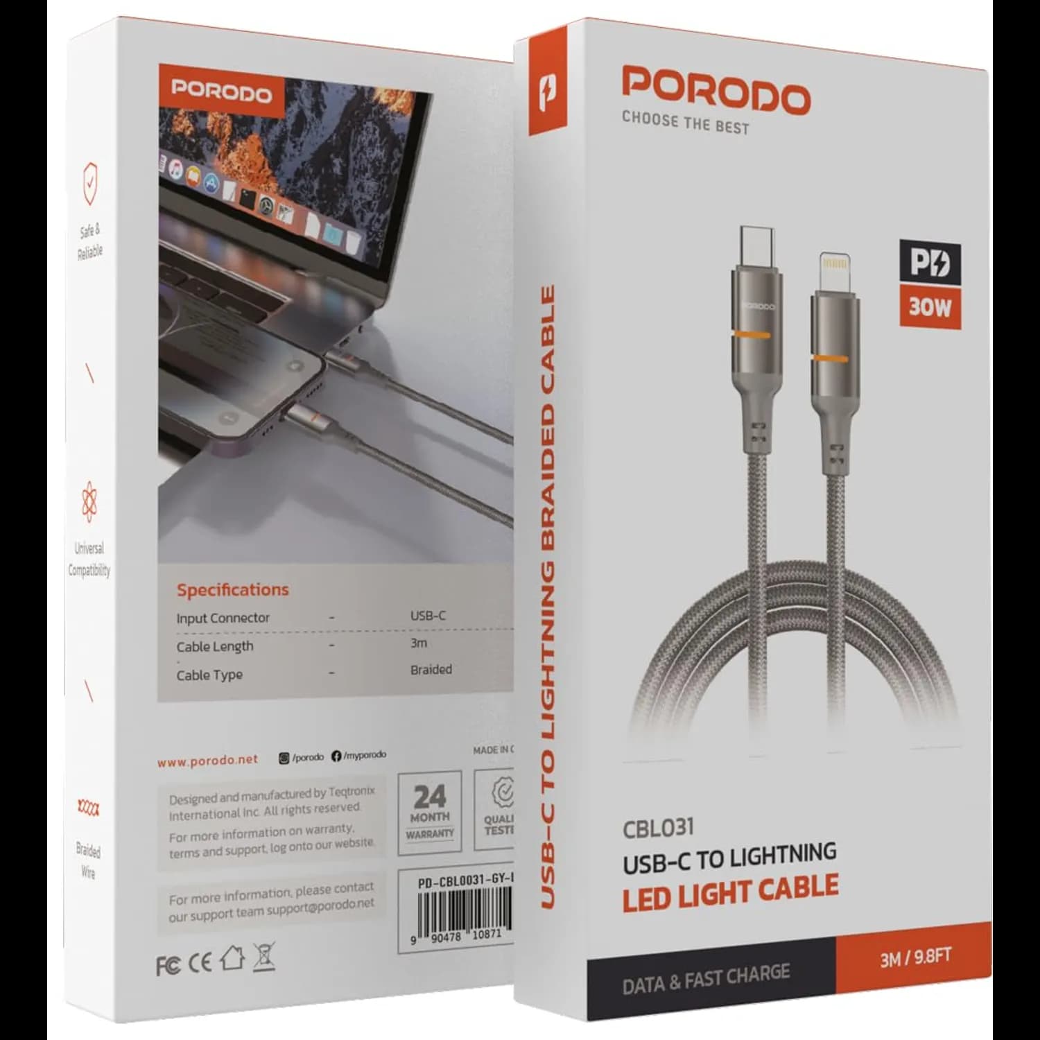 Porodo USB-C to Lightning Cable - 30W Fast Charging, 3m, Gray 4