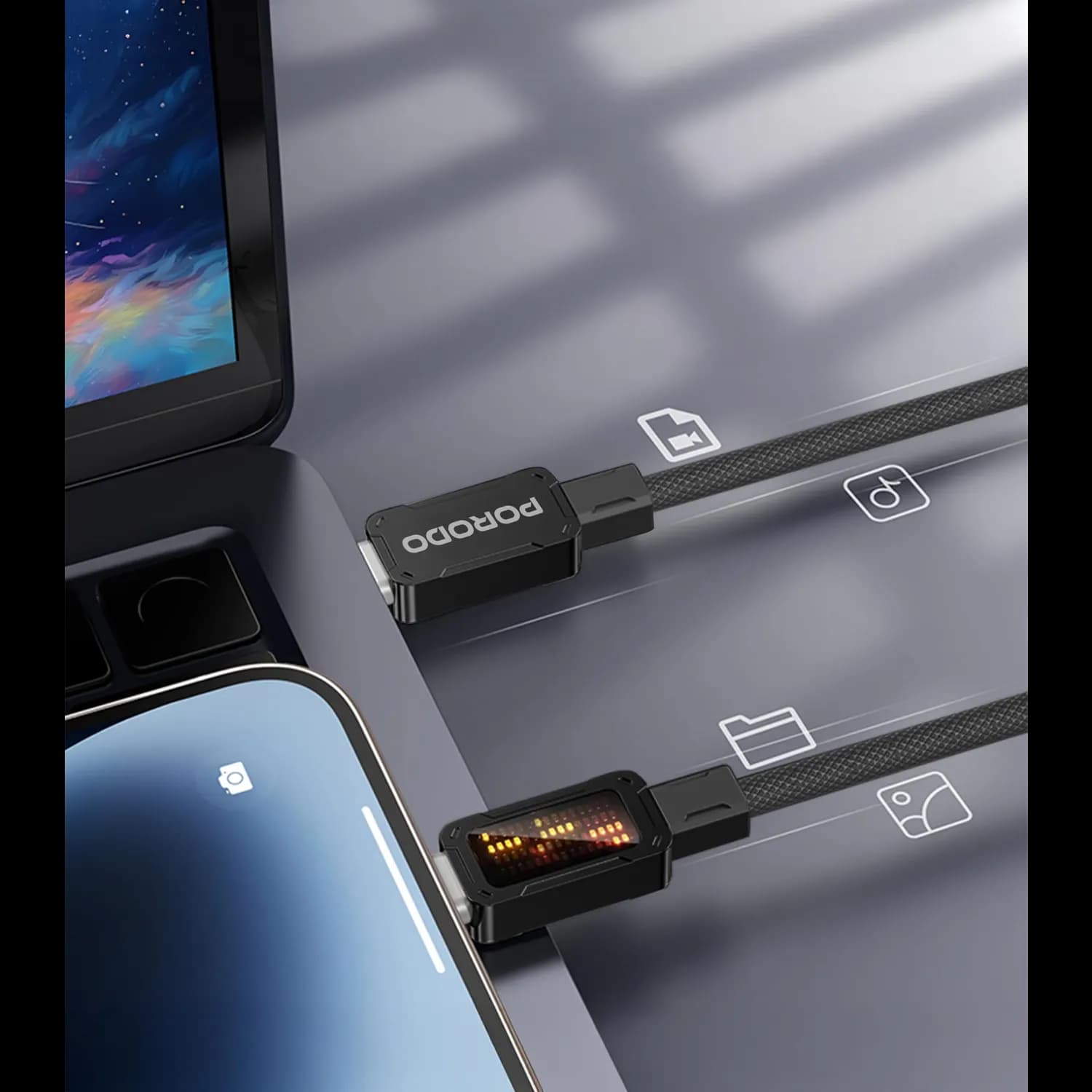 Porodo USB-C Cable - 100W PD, LED Flow Light, Black 2