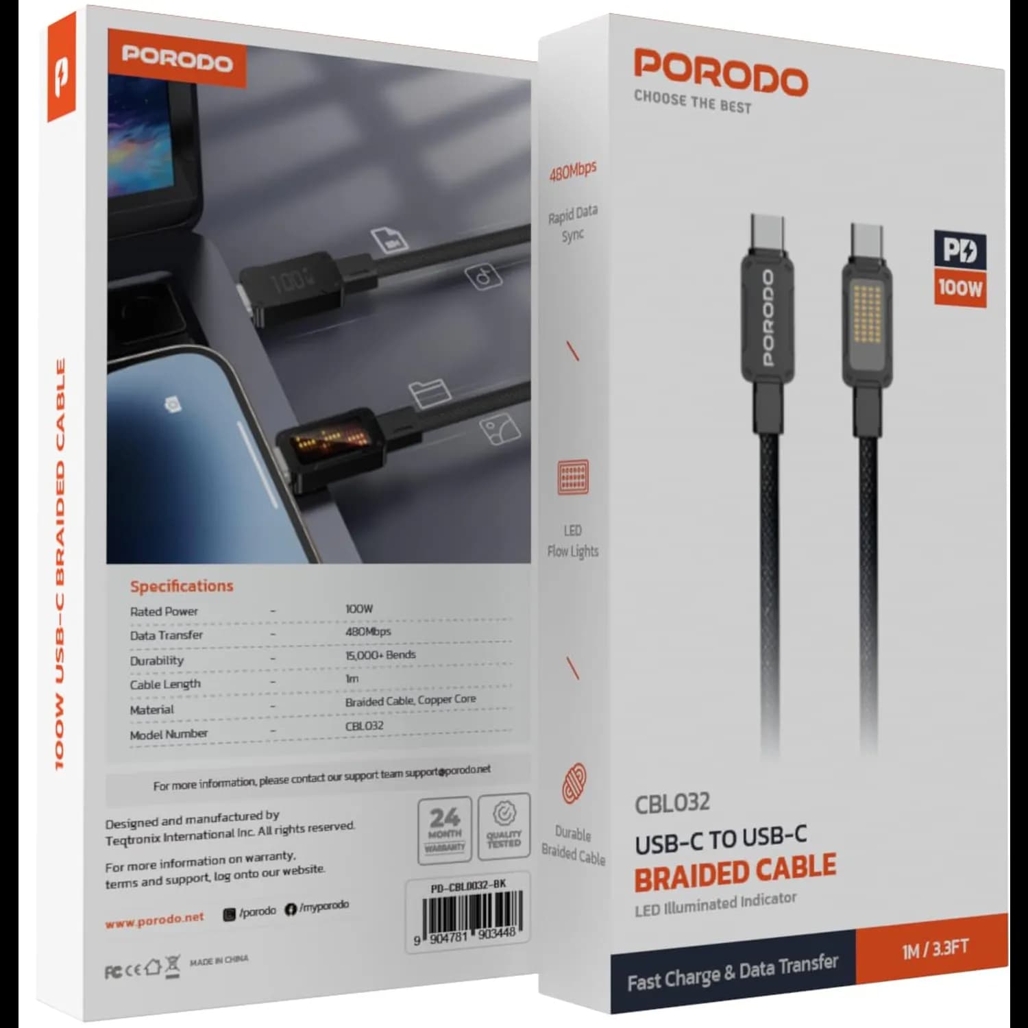Porodo USB-C Cable - 100W PD, LED Flow Light, Black 3