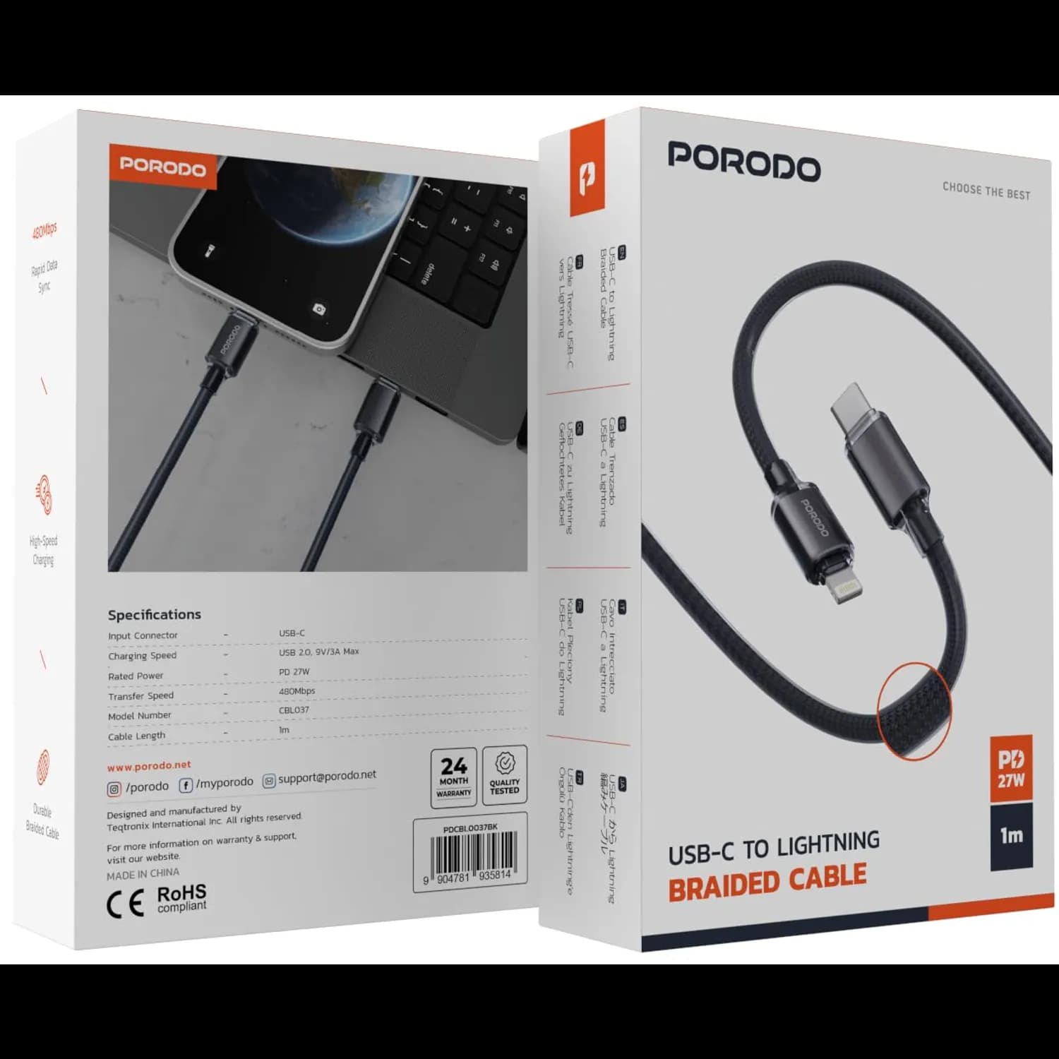 Porodo USB-C to Lightning Cable - 27W Fast Charging, 1m Braided, Black 3