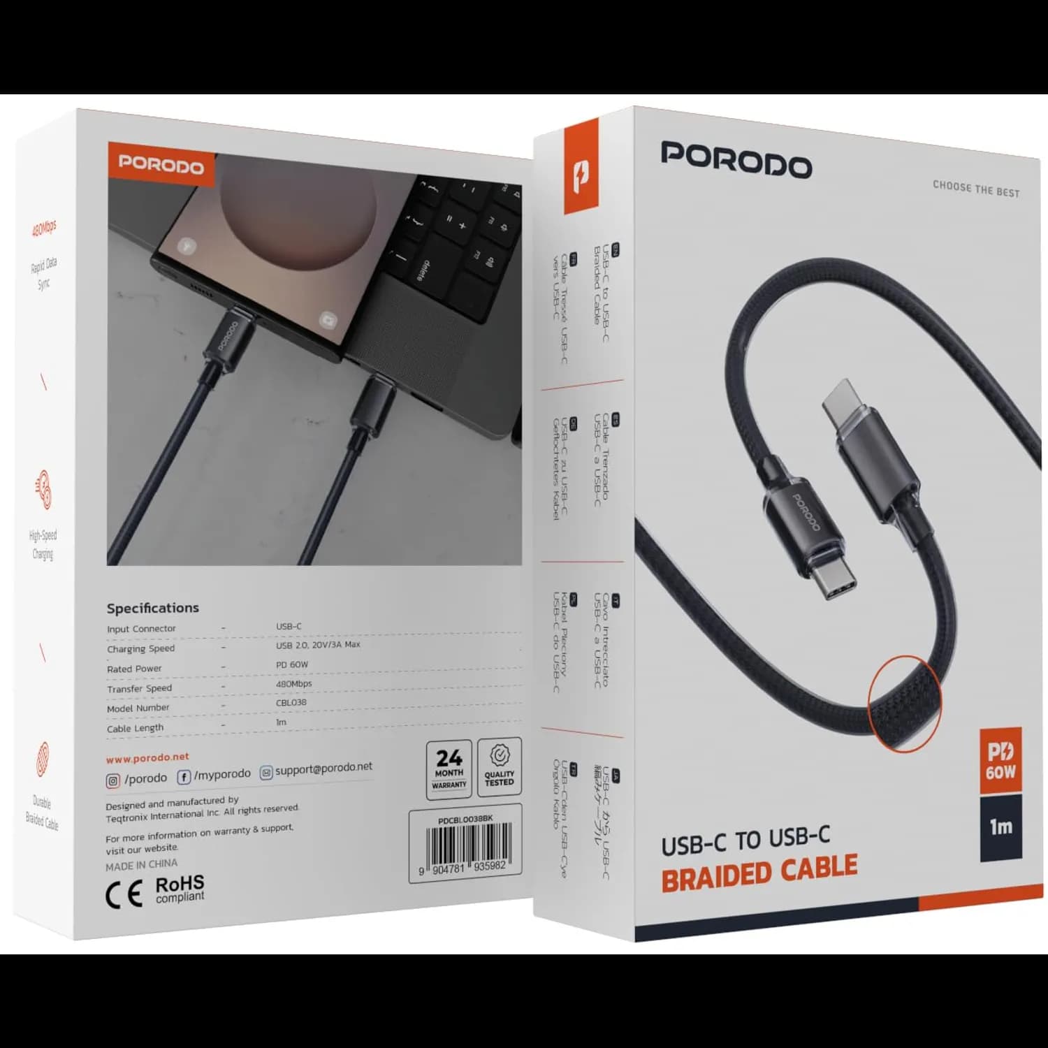 Porodo USB-C Cable - 60W PD, 1m Braided, Black 3