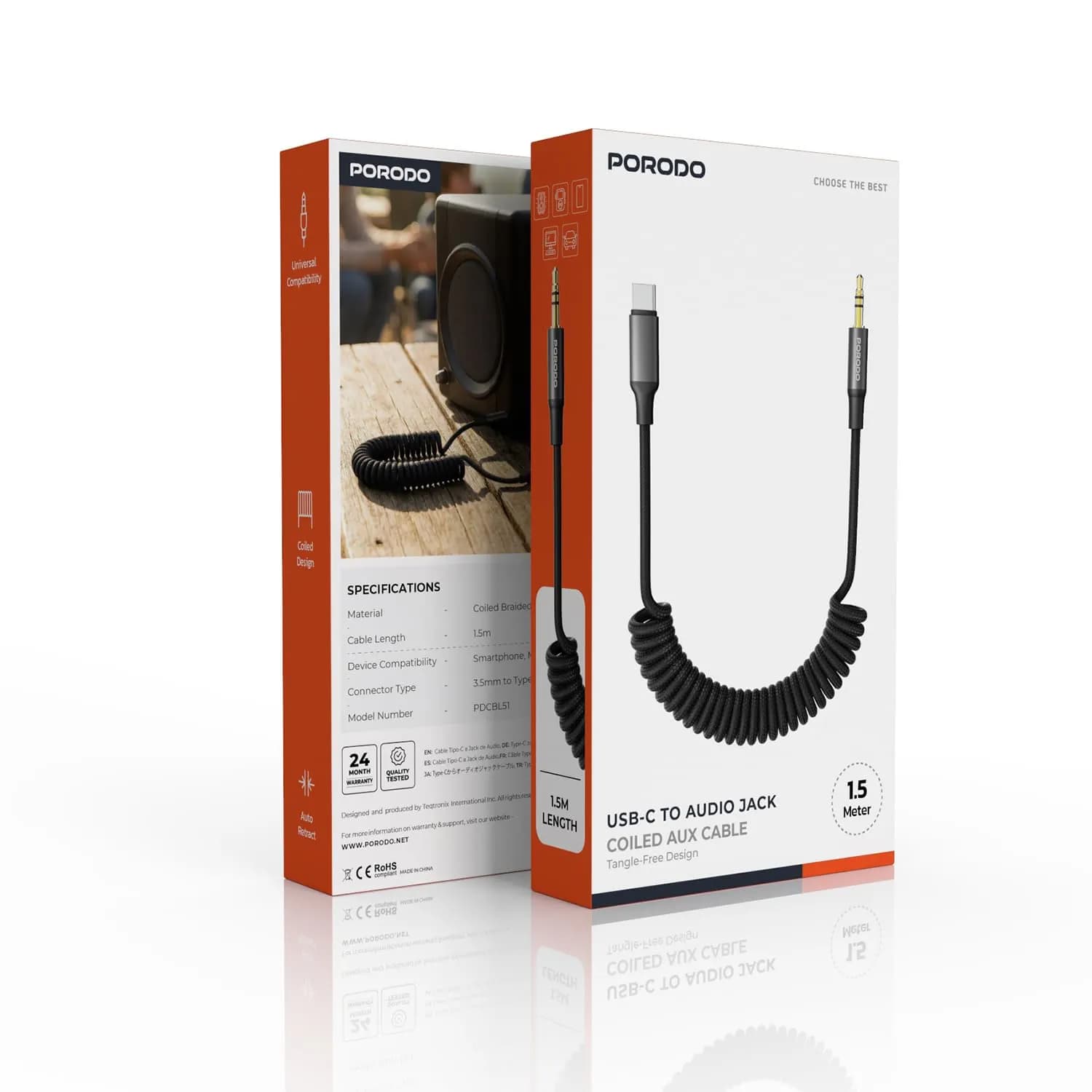 Porodo AUX Cable - USB-C to 3.5mm Coiled, Black 5