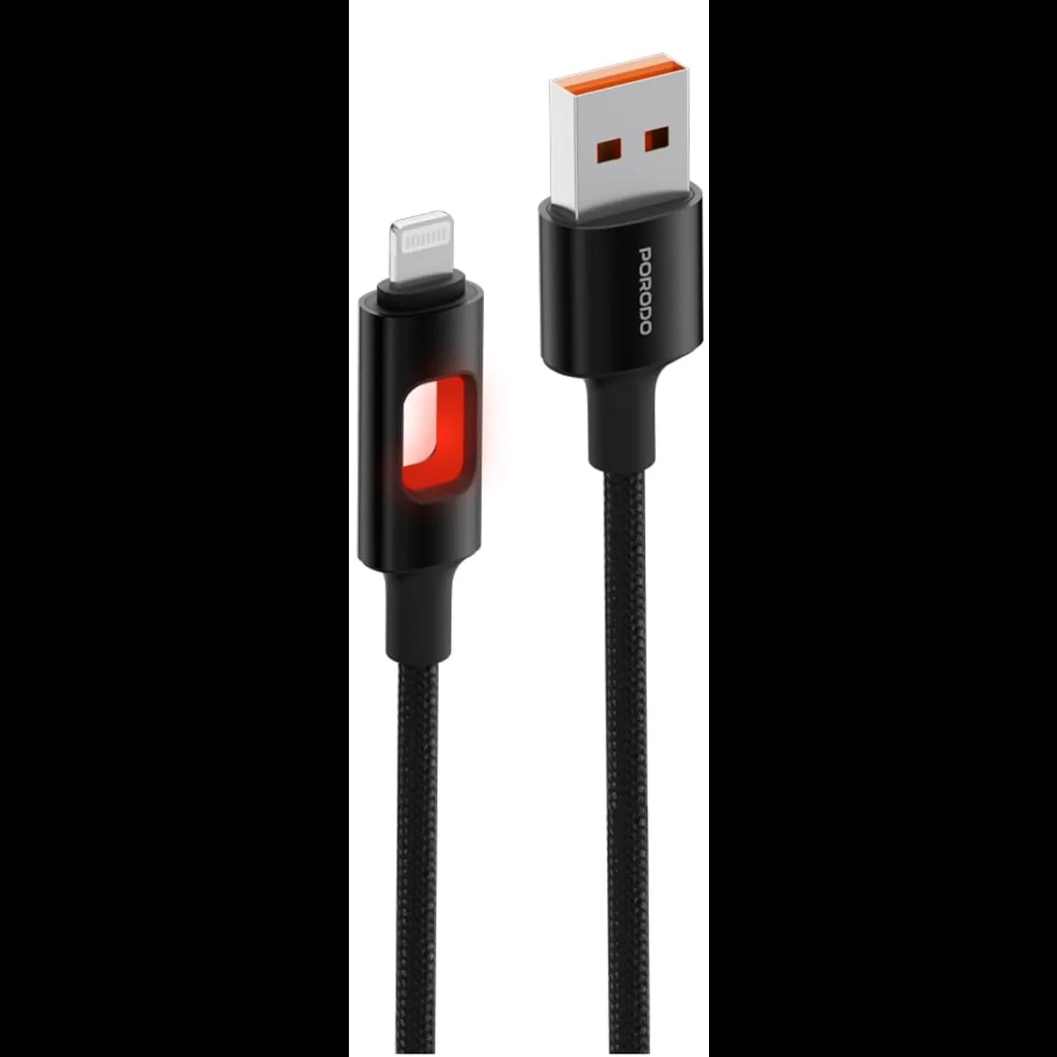 Porodo Lightning Cable - 1.2m Braided LED, 2.4A, Black 2