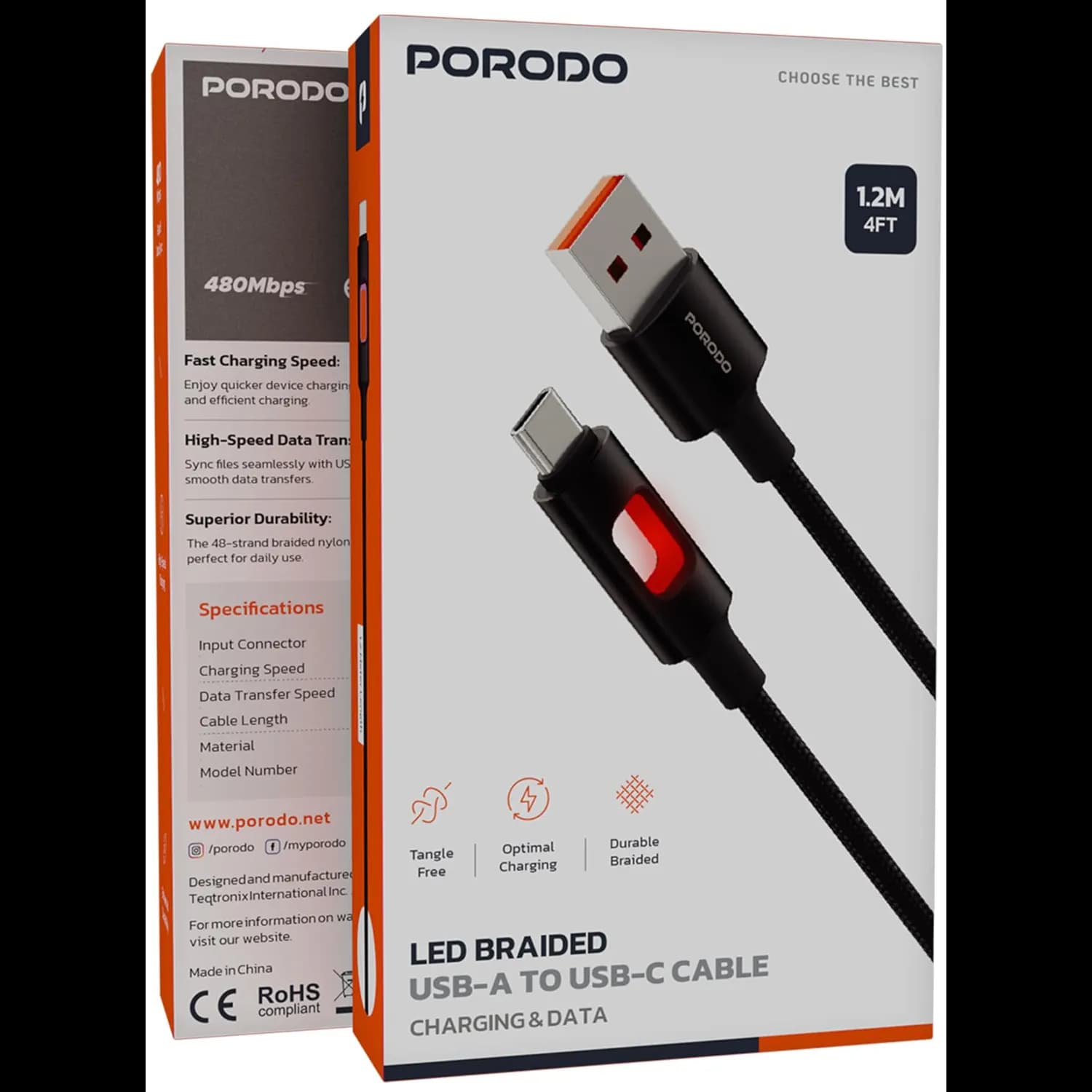 Porodo USB-A to USB-C Cable - LED Braided, 1.2m, Black 3