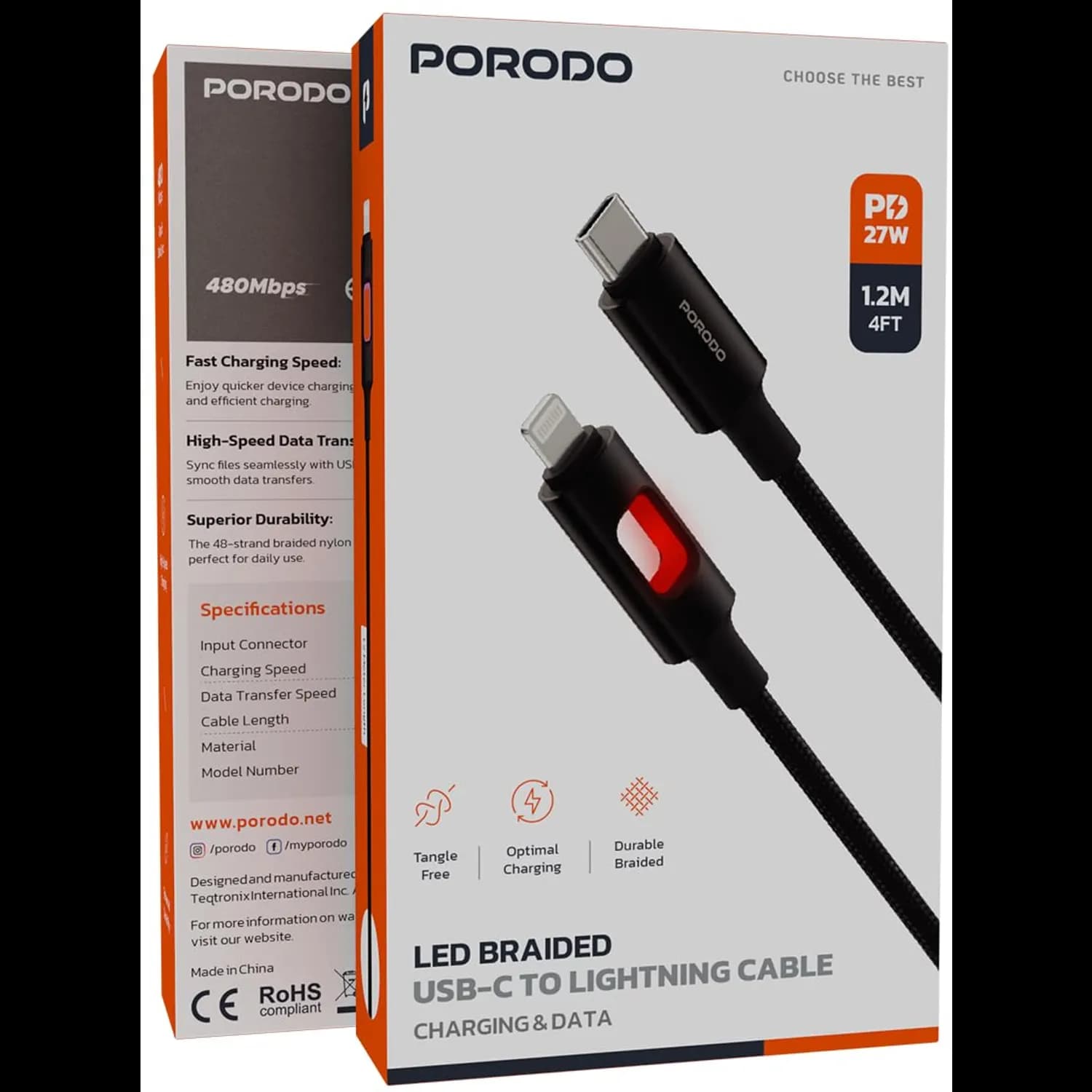Porodo USB-C to Lightning Cable - 1.2m LED Braided, 27W PD, Black 4