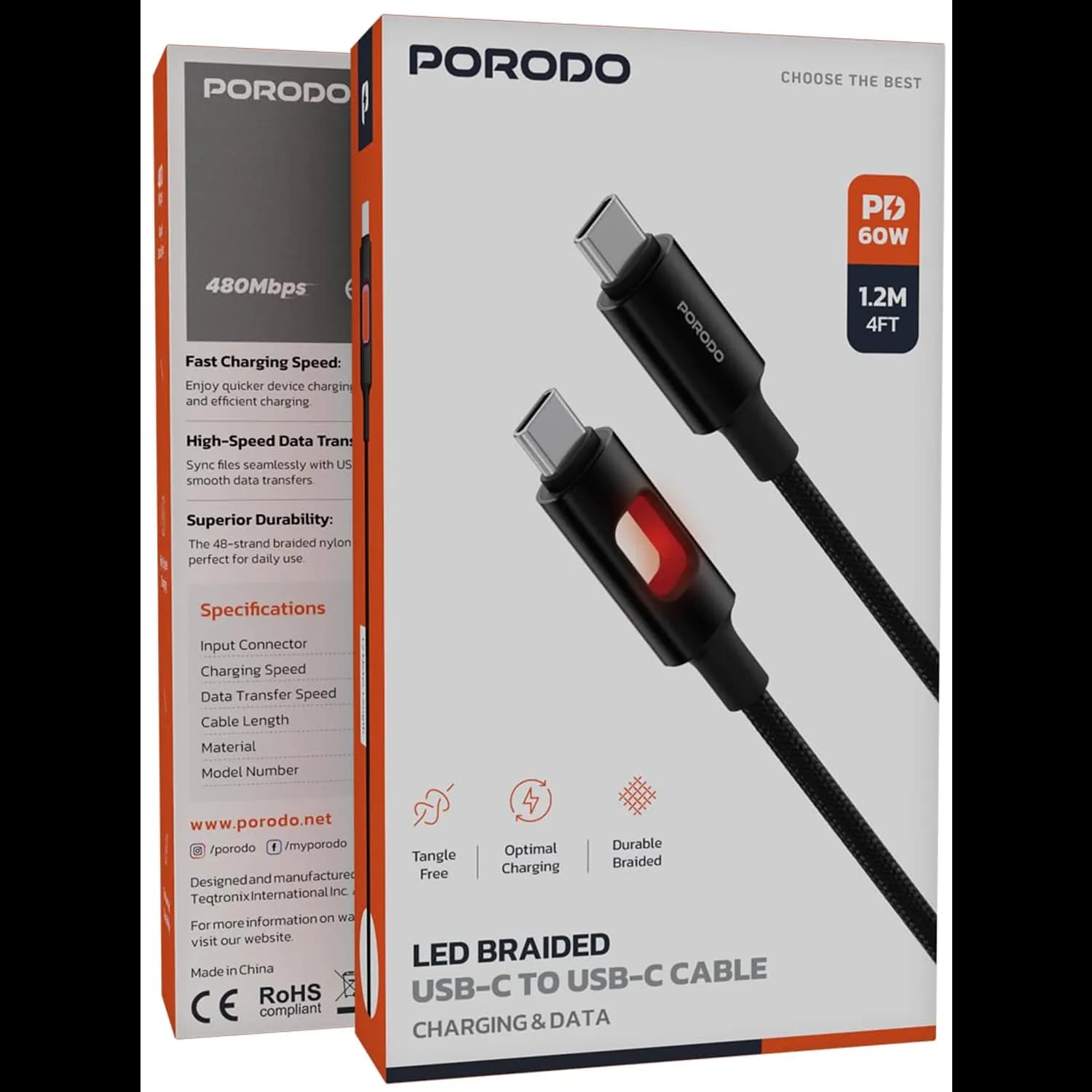 Porodo USB-C to Lightning Cable - 60W PD, LED, Braided, 1.2m 4