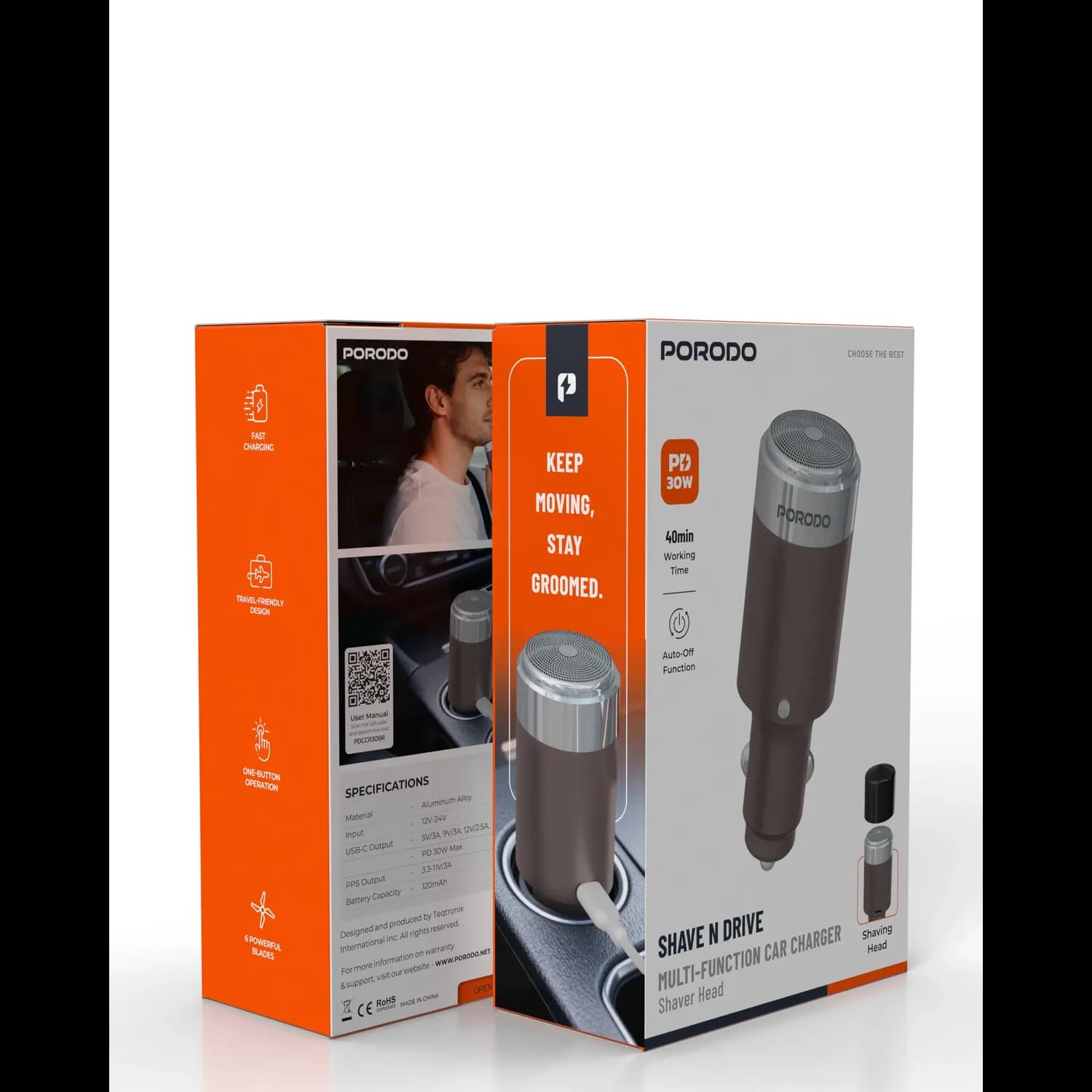 Porodo Car Charger - 30W with Shaver, Brown 5