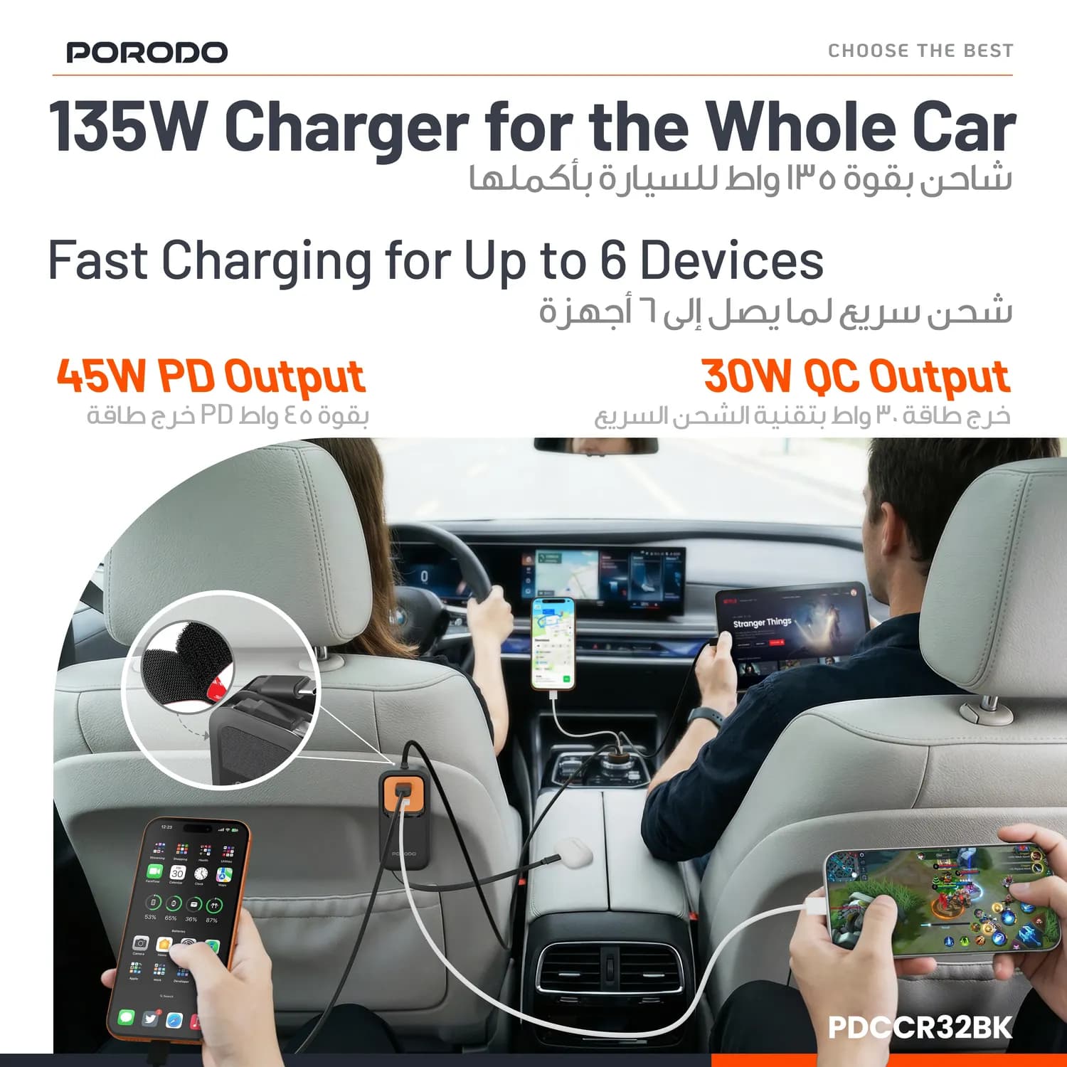 Porodo Car Charger - Dual Retractable Type-C Cables, Black 2