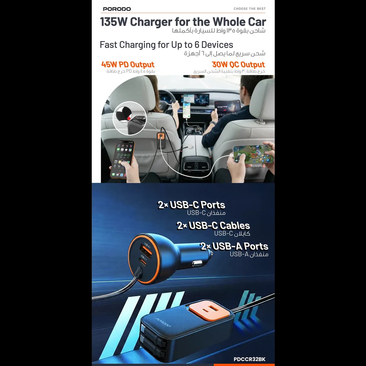 Porodo Car Charger - Dual Retractable Type-C Cables, Black 5