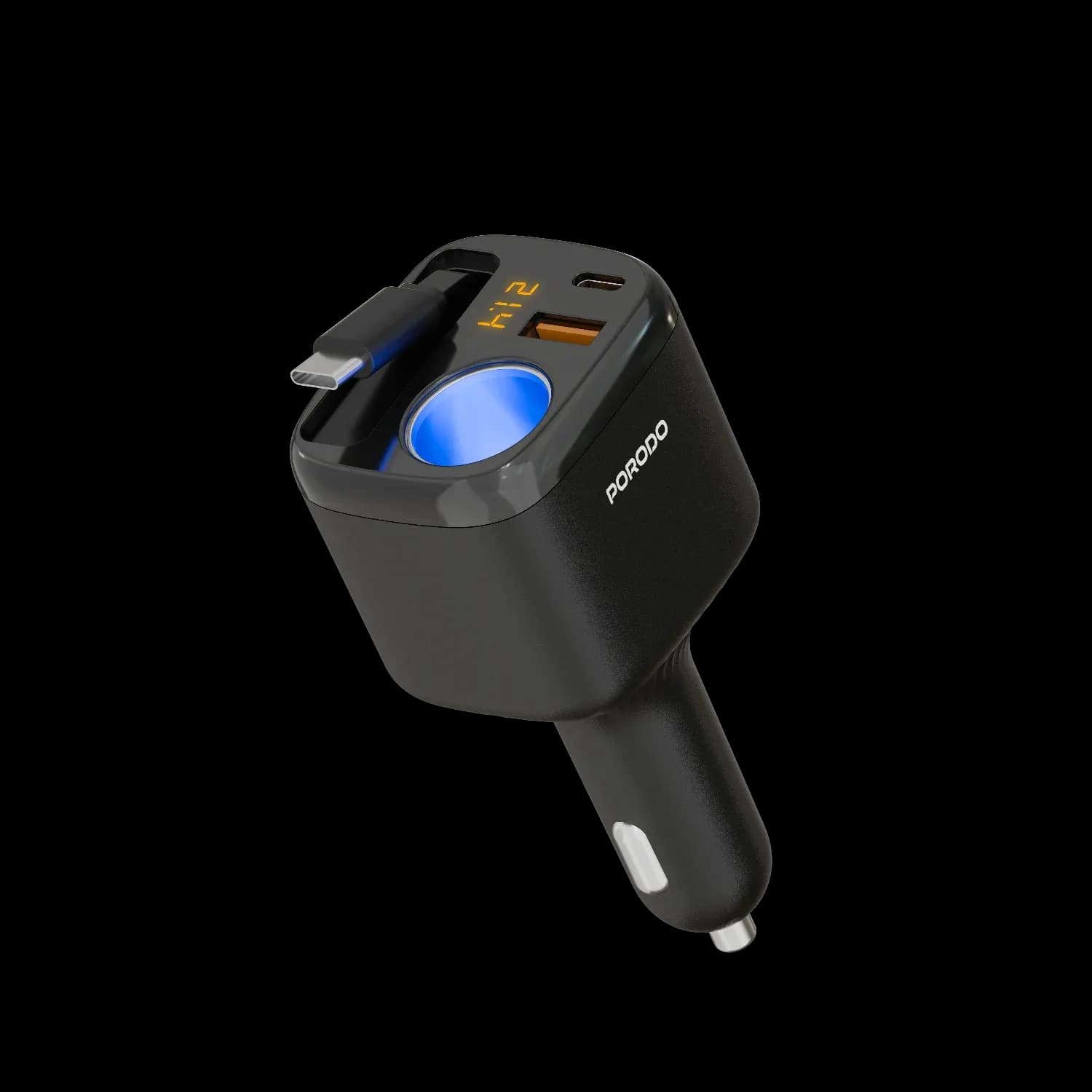 Porodo Car Charger Apolo - 93W, Type-C Retractable, Black Porodo Car Charger Apolo - 93W, Type-C Retractable, Black