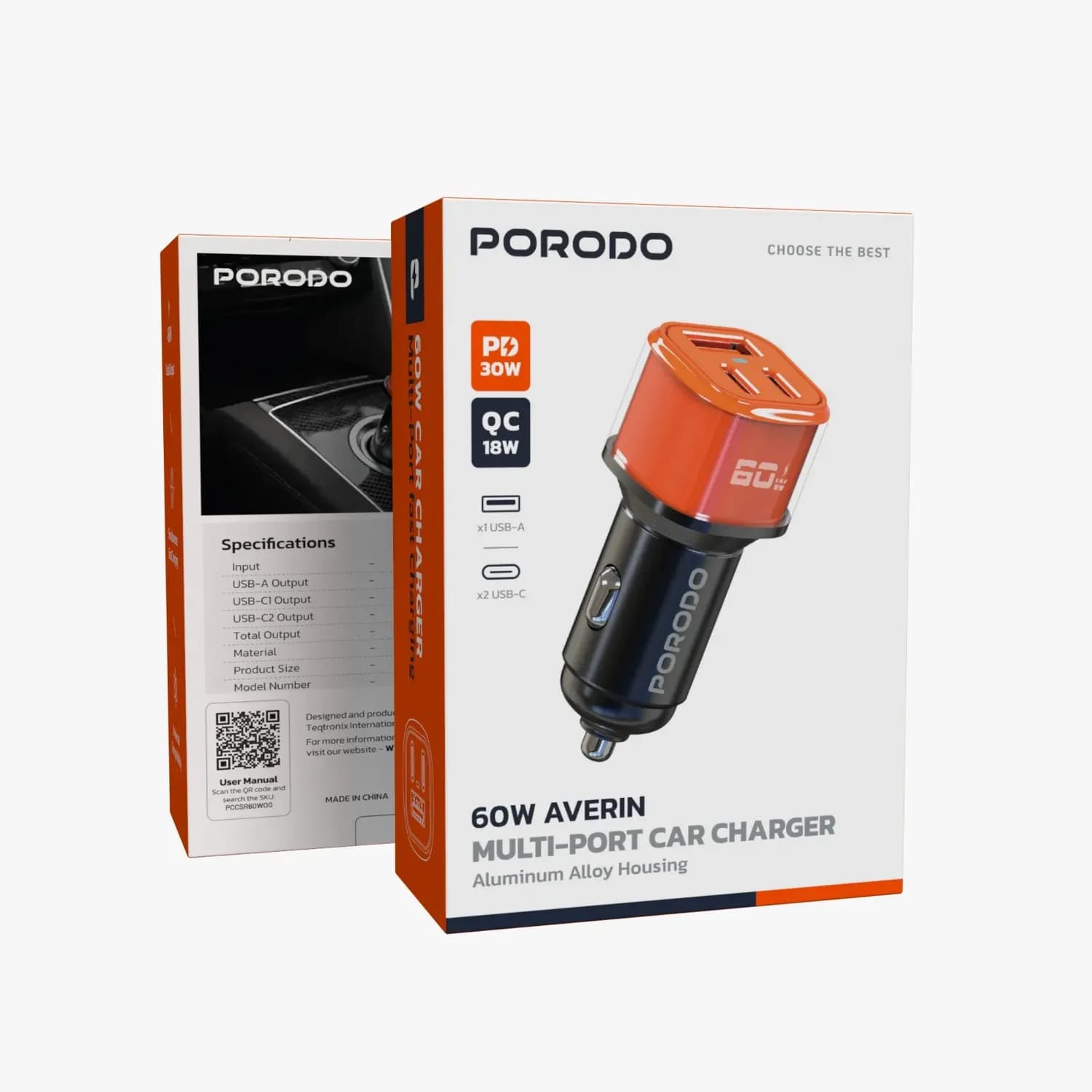 Porodo Car Charger Averin - 60W Multi-Port, Orange 6