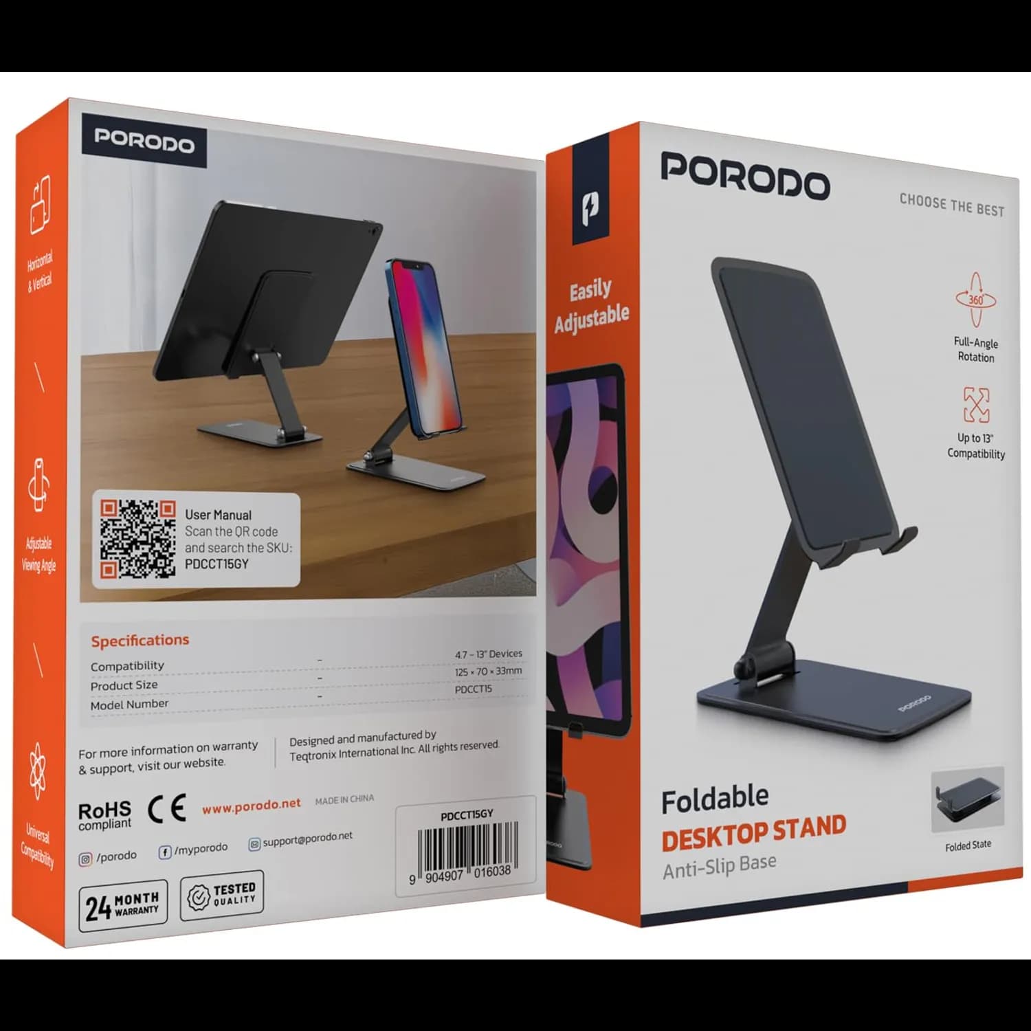 Porodo Foldable Desktop Stand - Adjustable Angle, Gray 4