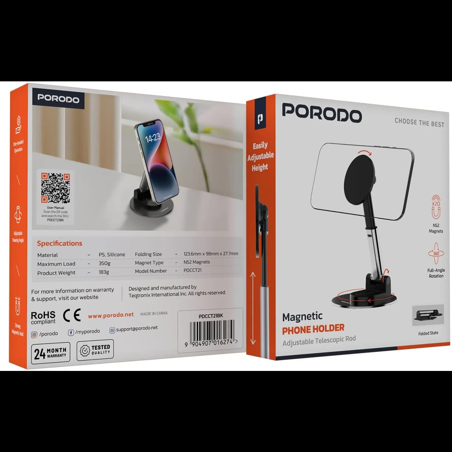 Porodo Magnetic Phone Holder - Adjustable, 360° Rotatable, Black 5