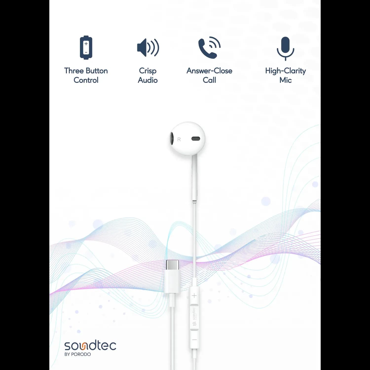 Soundtec By Porodo Earphone - Mono Type-C, White — Black 3