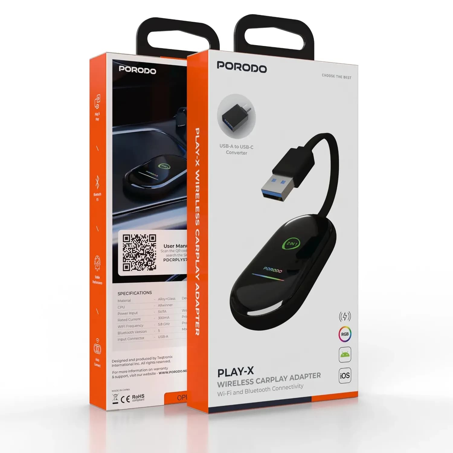 Porodo Wireless CarPlay Adapter Play-X - 2-in-1 Android Auto & CarPlay, Black 4