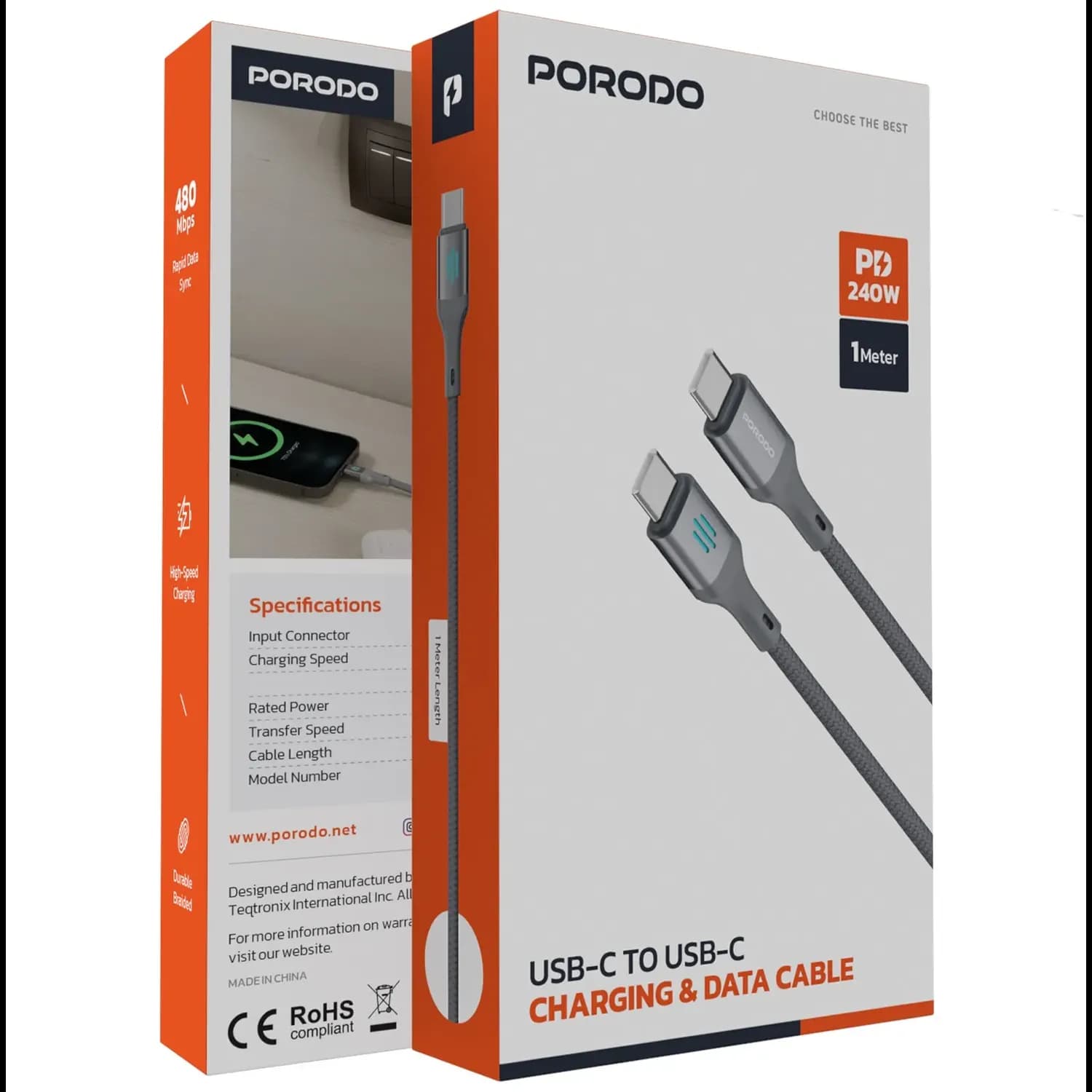Porodo USB-C to USB-C Cable - 240W PD, Gray — Silver 5