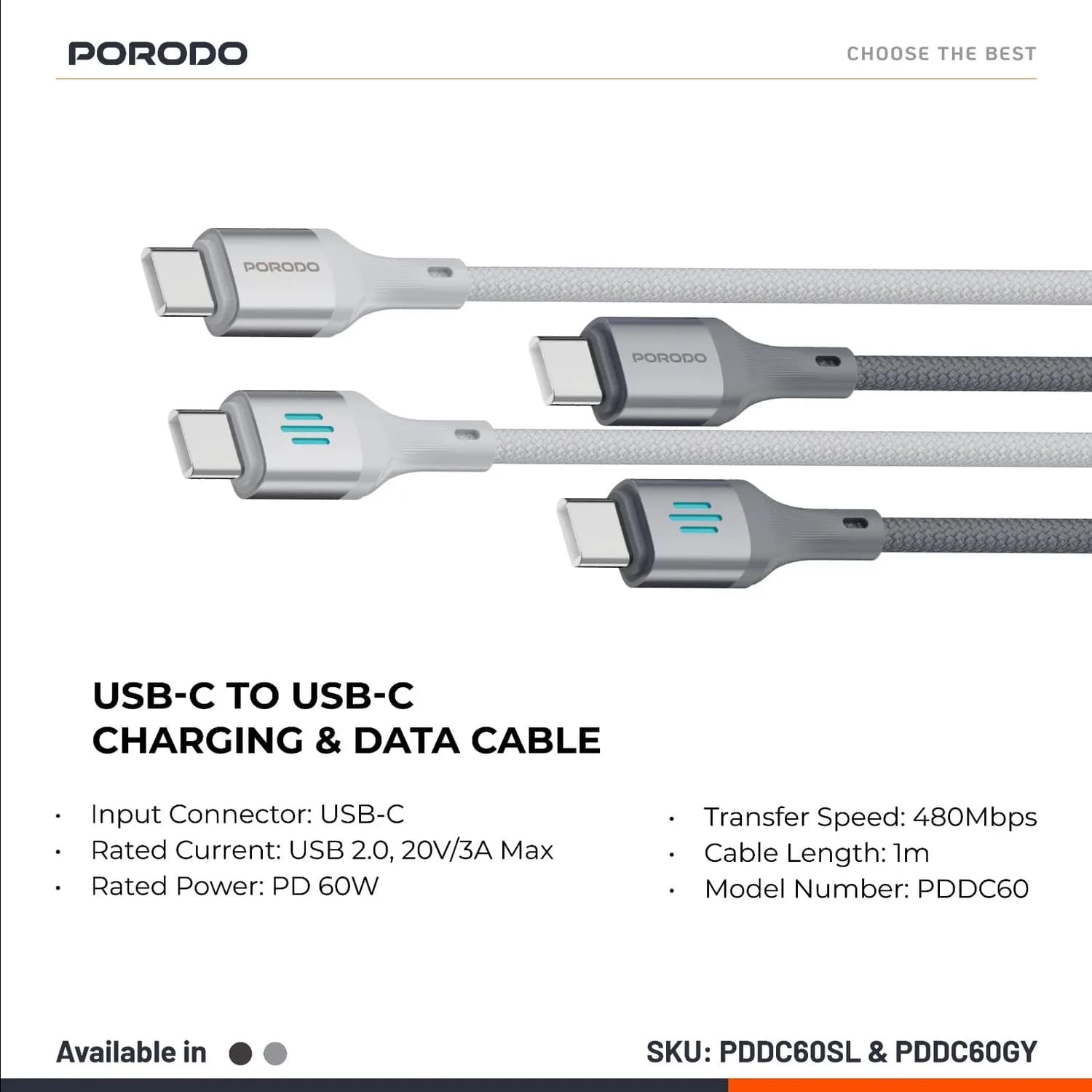 Porodo USB-C Cable - 60W PD, 1M, Silver — Silver 3