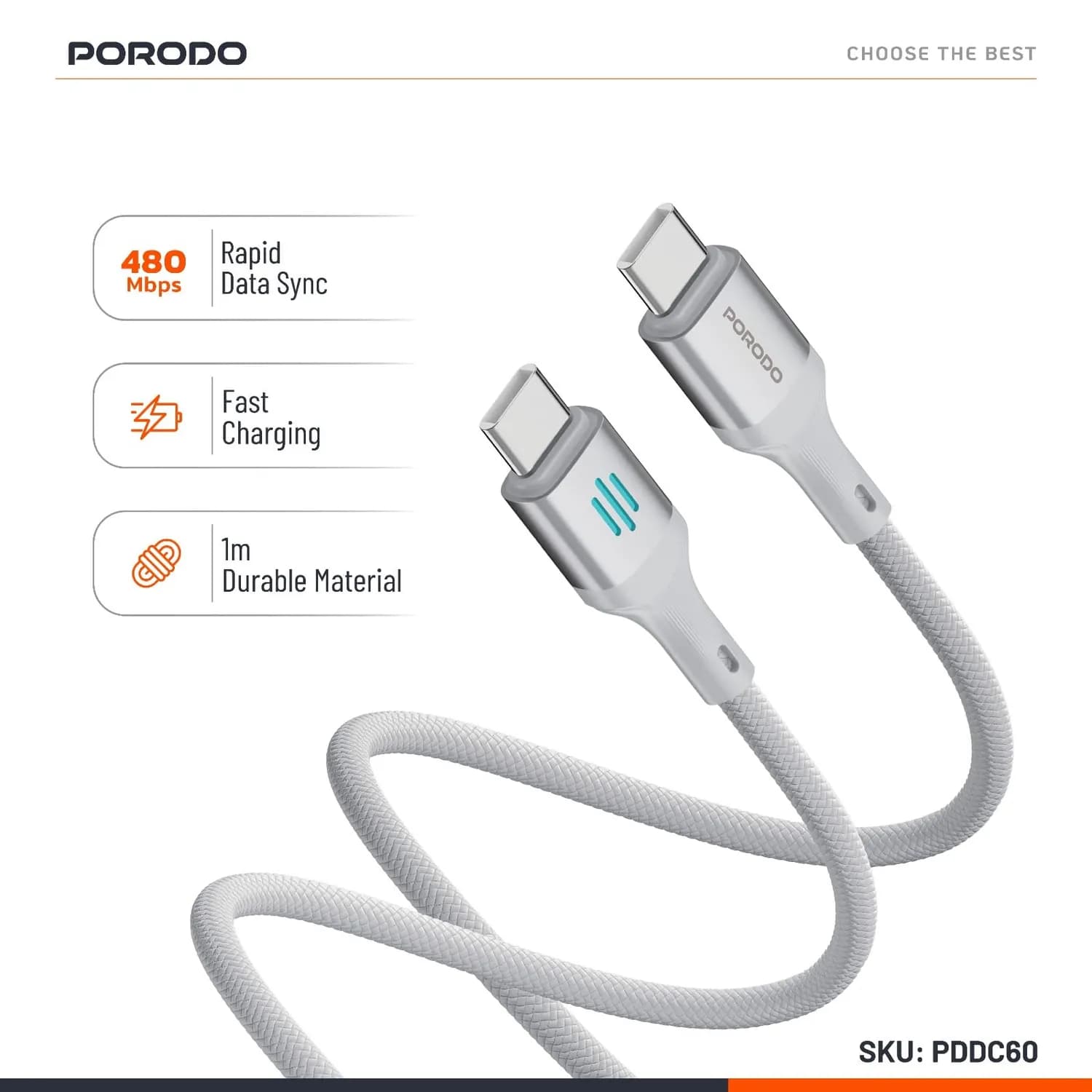 Porodo USB-C Cable - 60W PD, 1M, Silver — Silver 5