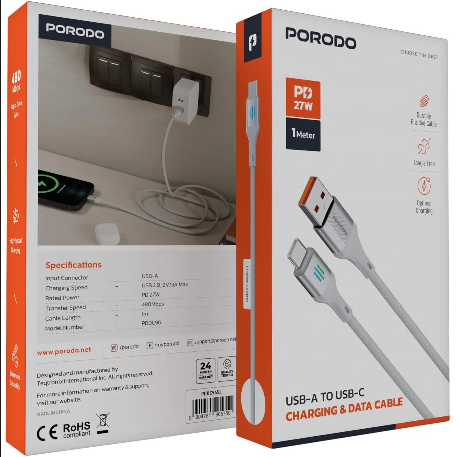 Porodo USB-A to USB-C Cable - 3A, 1M, Silver — Silver 4