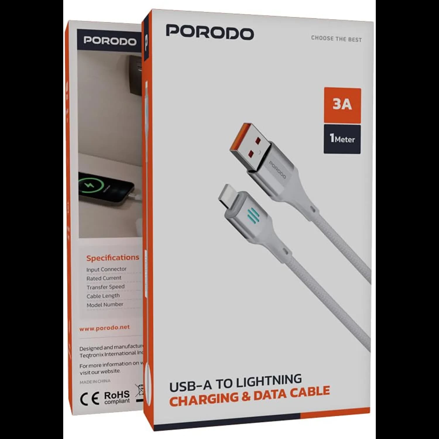 Porodo USB-A to Lightning Cable - MFi Certified 3A, Silver — Silver 3