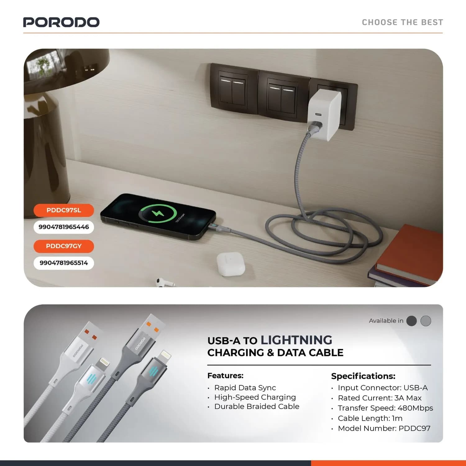 Porodo USB-A to Lightning Cable - MFi Certified 3A, Silver — Silver 4