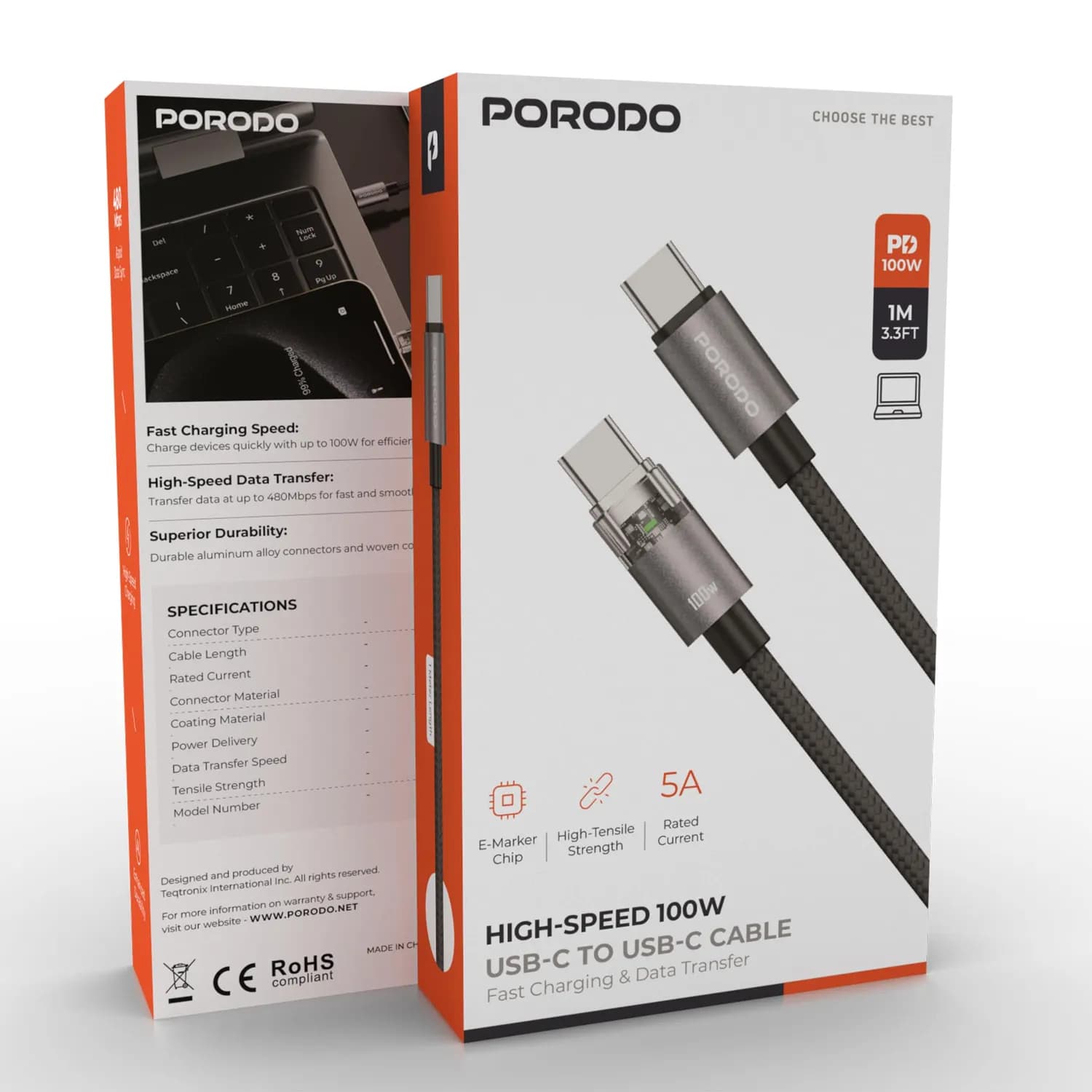 Porodo USB-C Cable - 100W PD, Braided Black 3