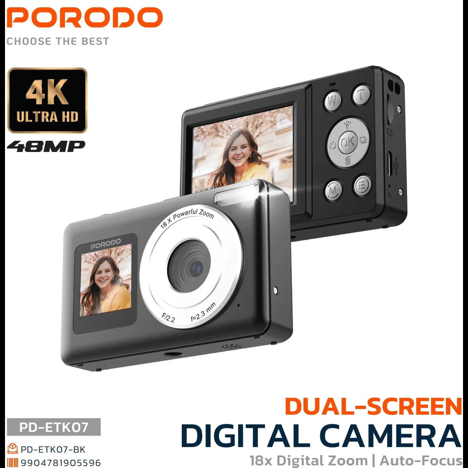 Porodo Digital Camera - 48MP Dual-Screen, Black 4