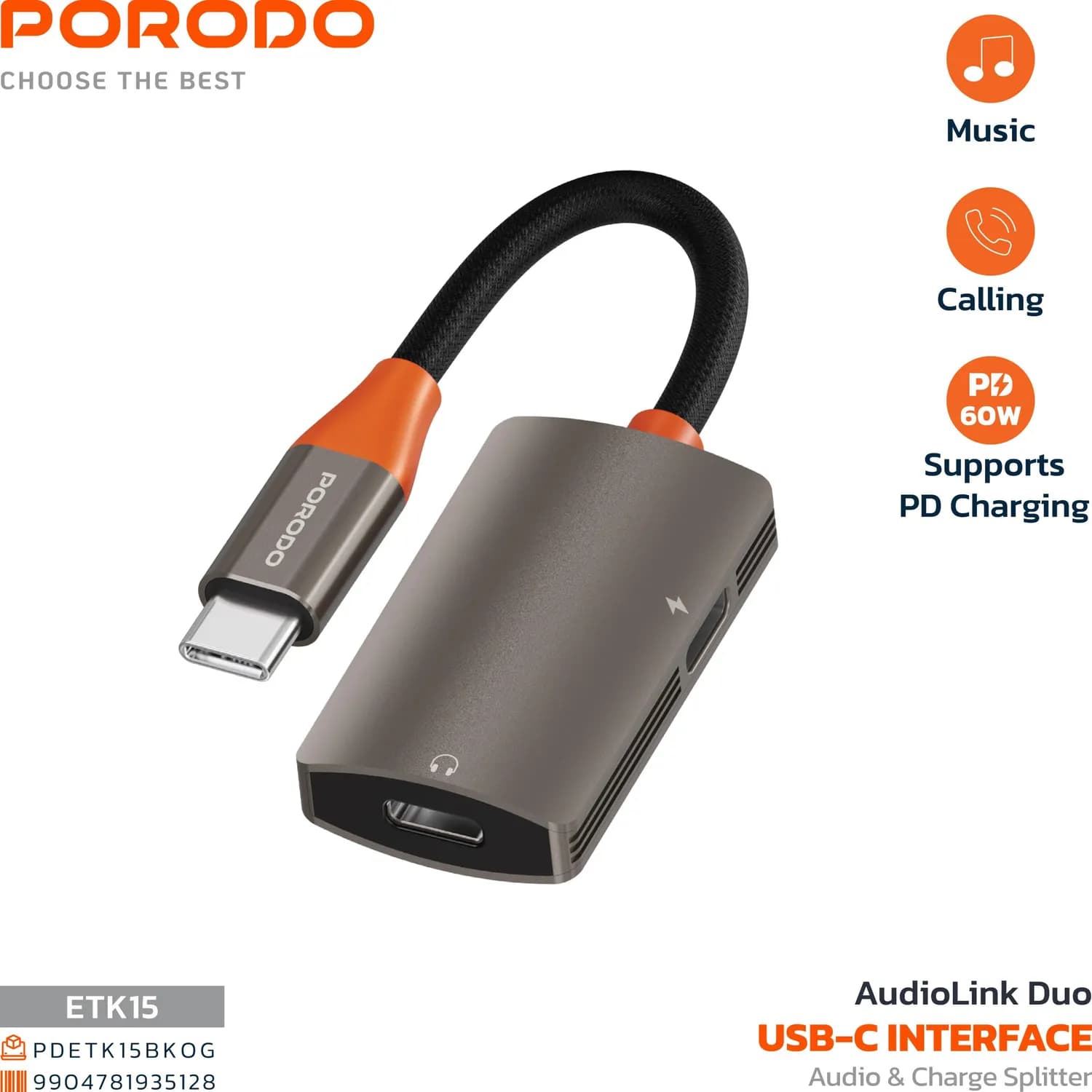 Porodo AudioLink Duo - Dual Audio & 60W PD Charger, Black 3