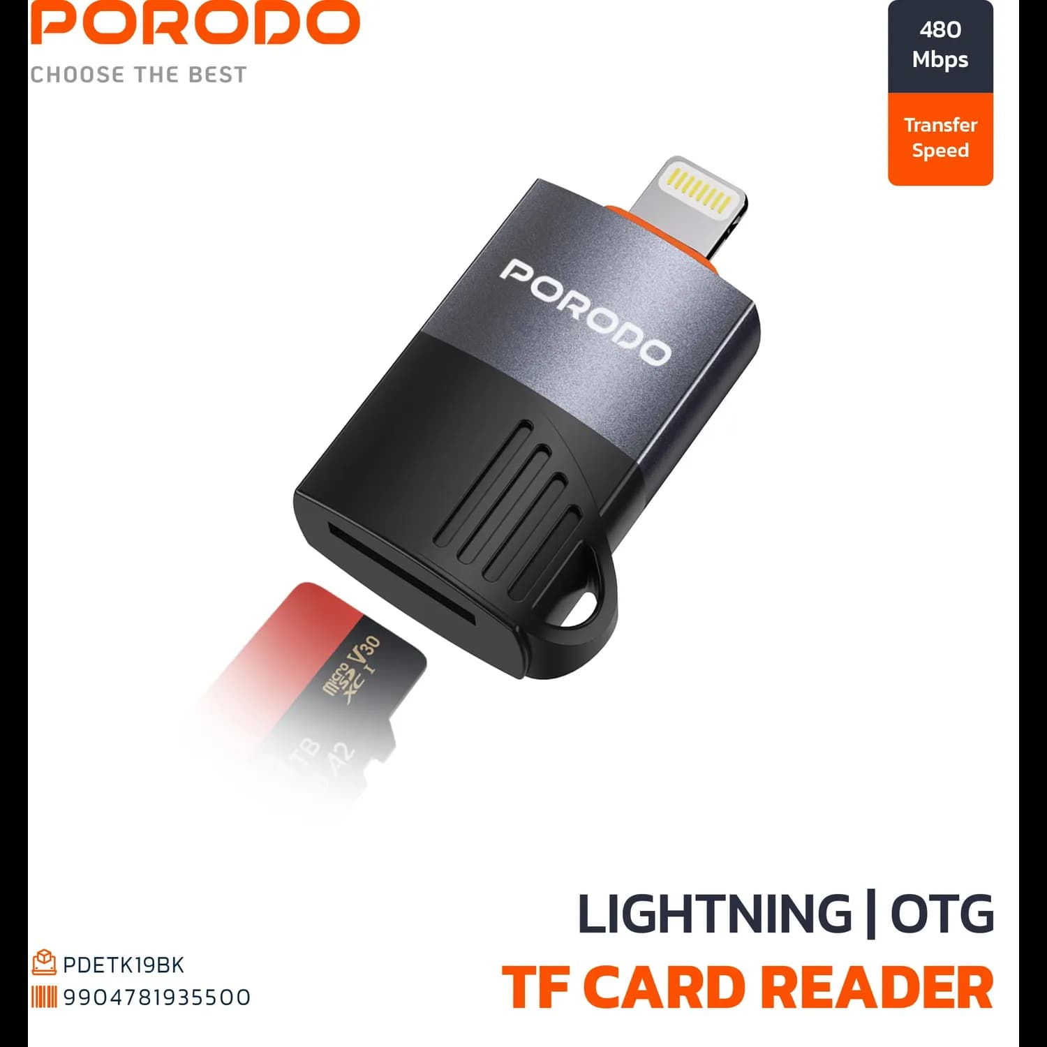 Porodo TF Card Reader - OTG Lightning, 480Mbps, Black 3