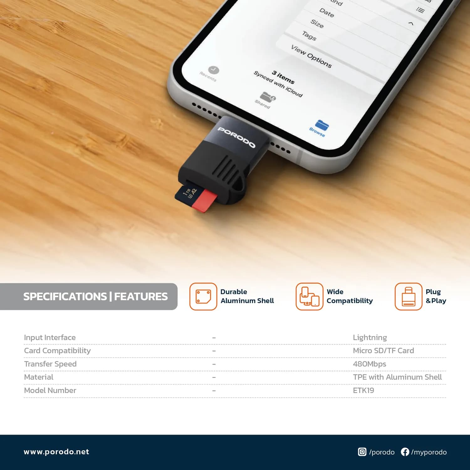 Porodo TF Card Reader - OTG Lightning, 480Mbps, Black 4