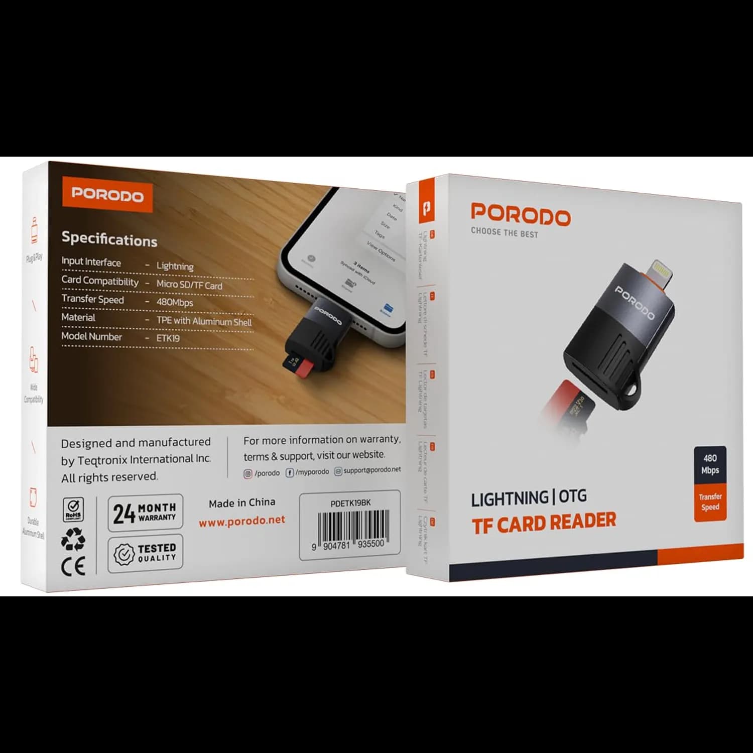 Porodo TF Card Reader - OTG Lightning, 480Mbps, Black 5
