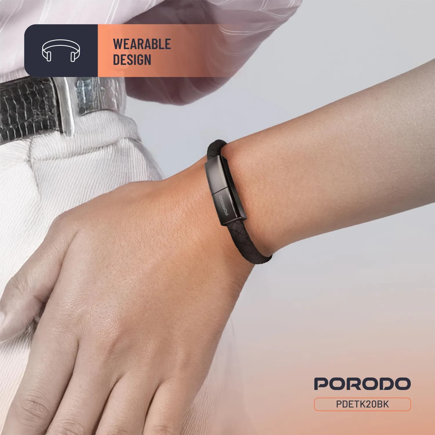Porodo USB-C Cable - 60W PD, Braided Leather, Black 2