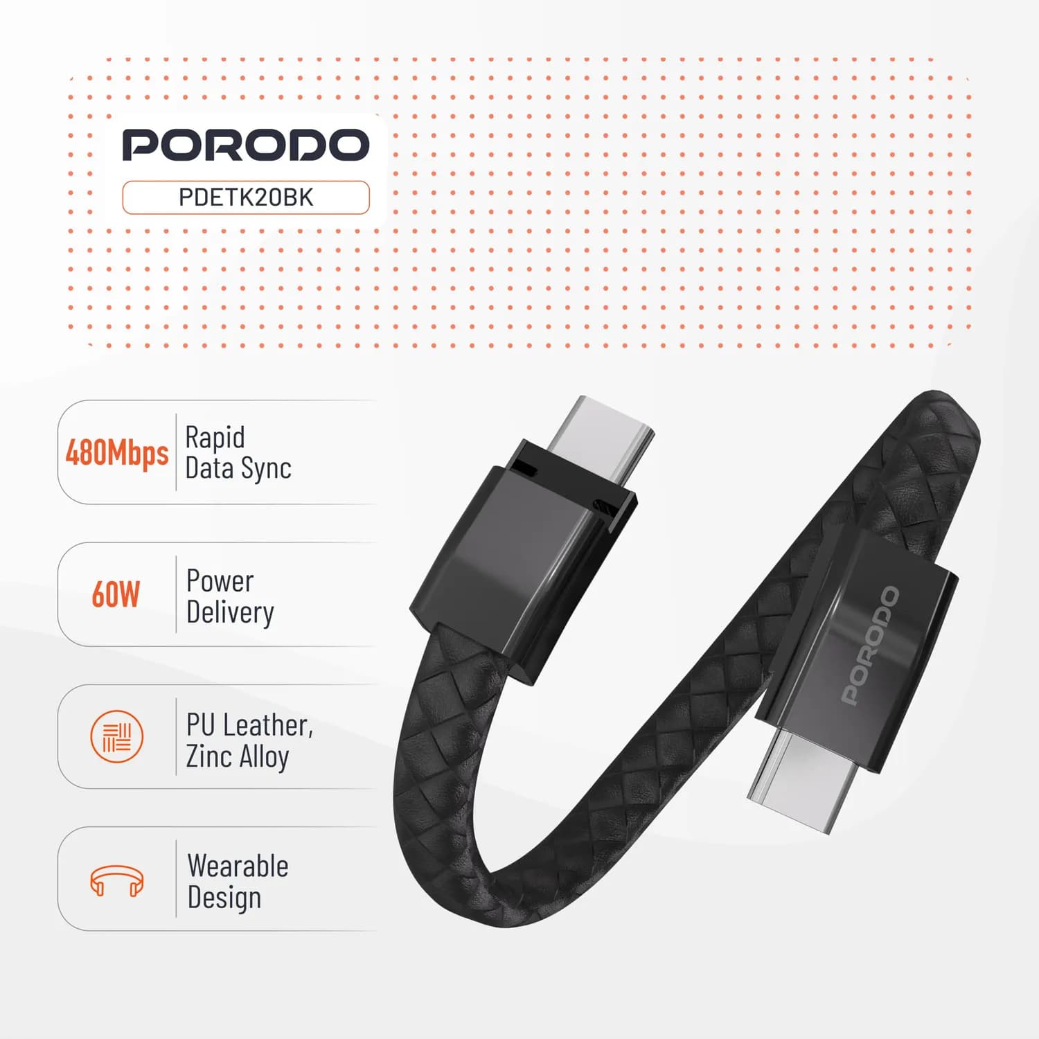 Porodo USB-C Cable - 60W PD, Braided Leather, Black 3
