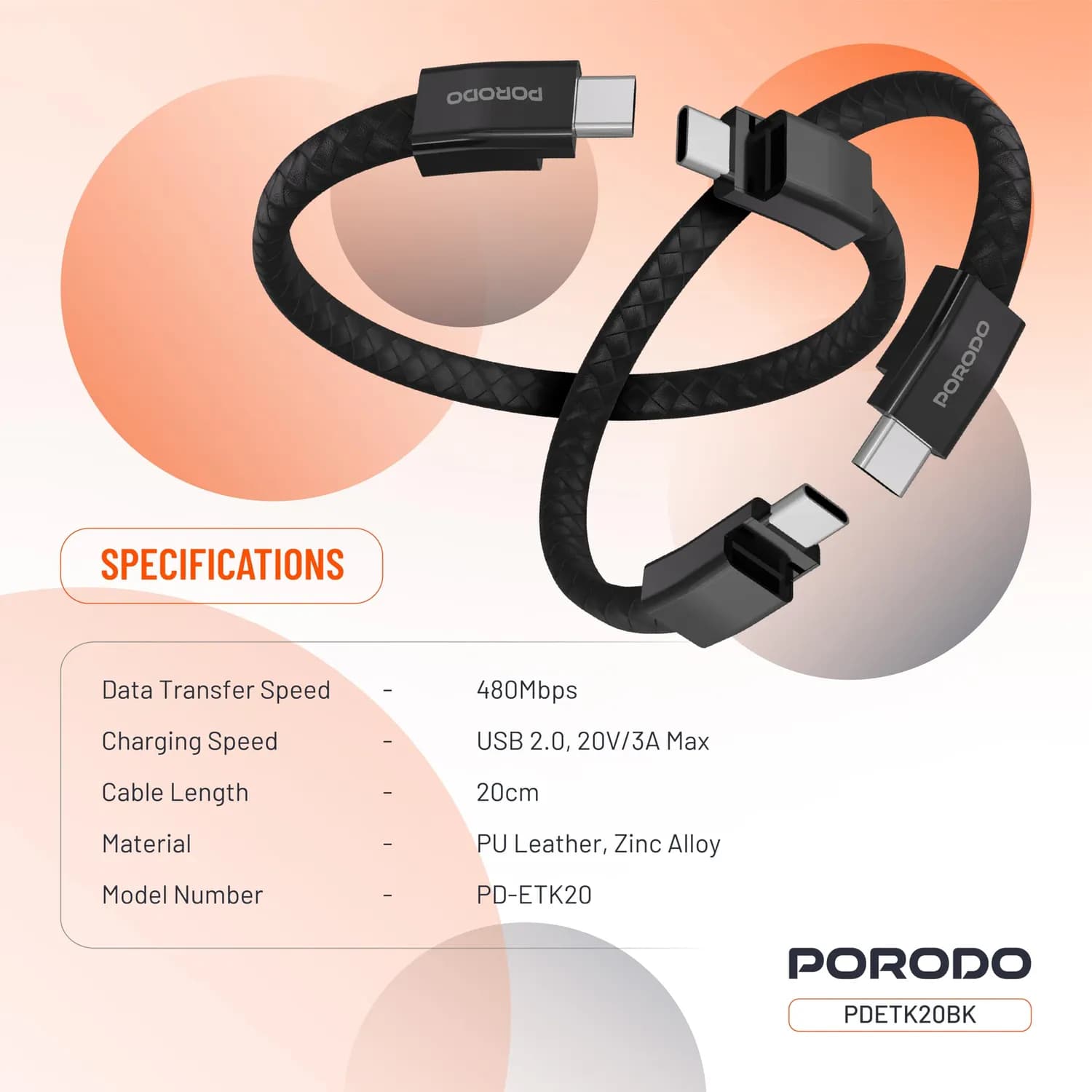 Porodo USB-C Cable - 60W PD, Braided Leather, Black 4